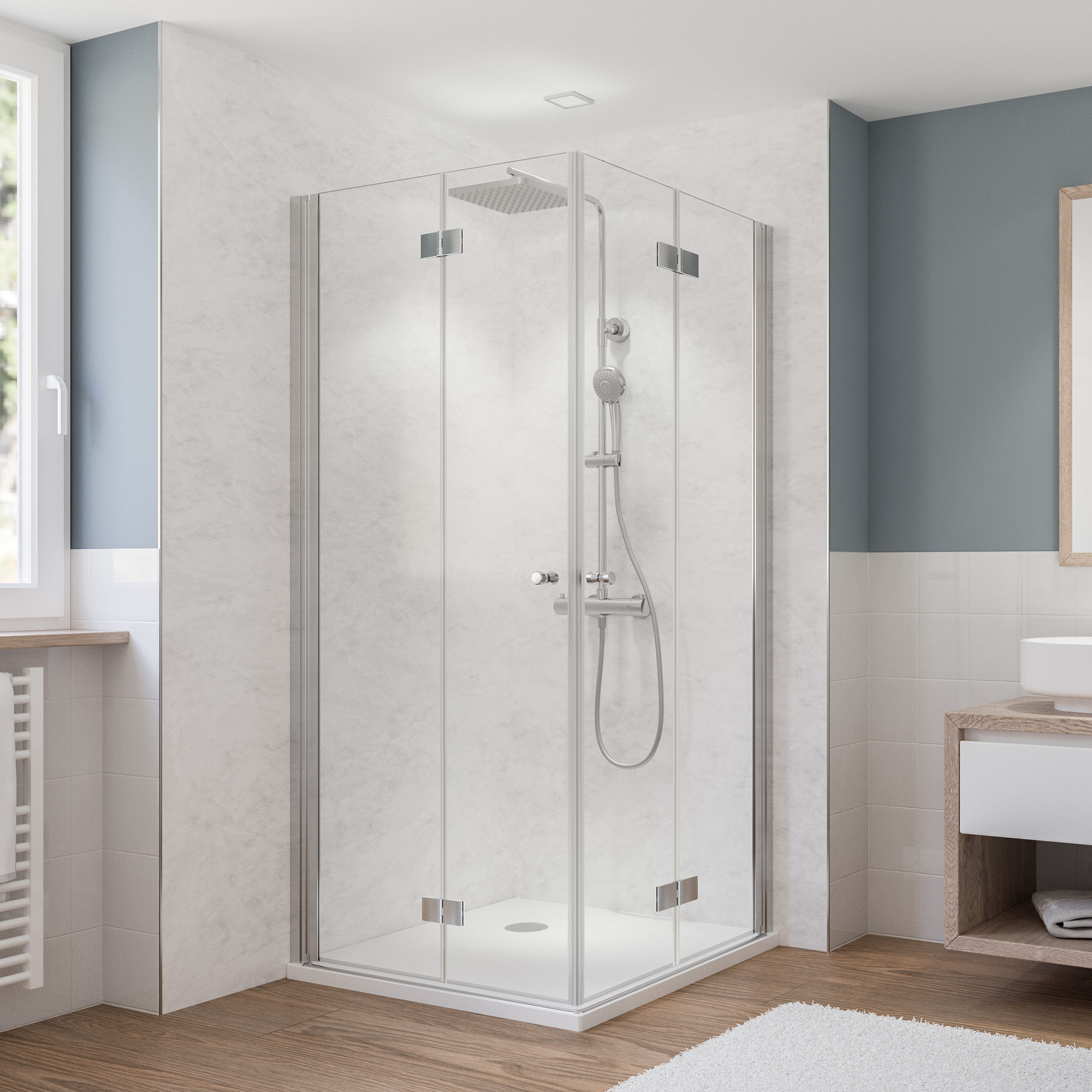 Eckeinstieg 'Fara 5' mit Drehfalttür silber 90 x 90 cm