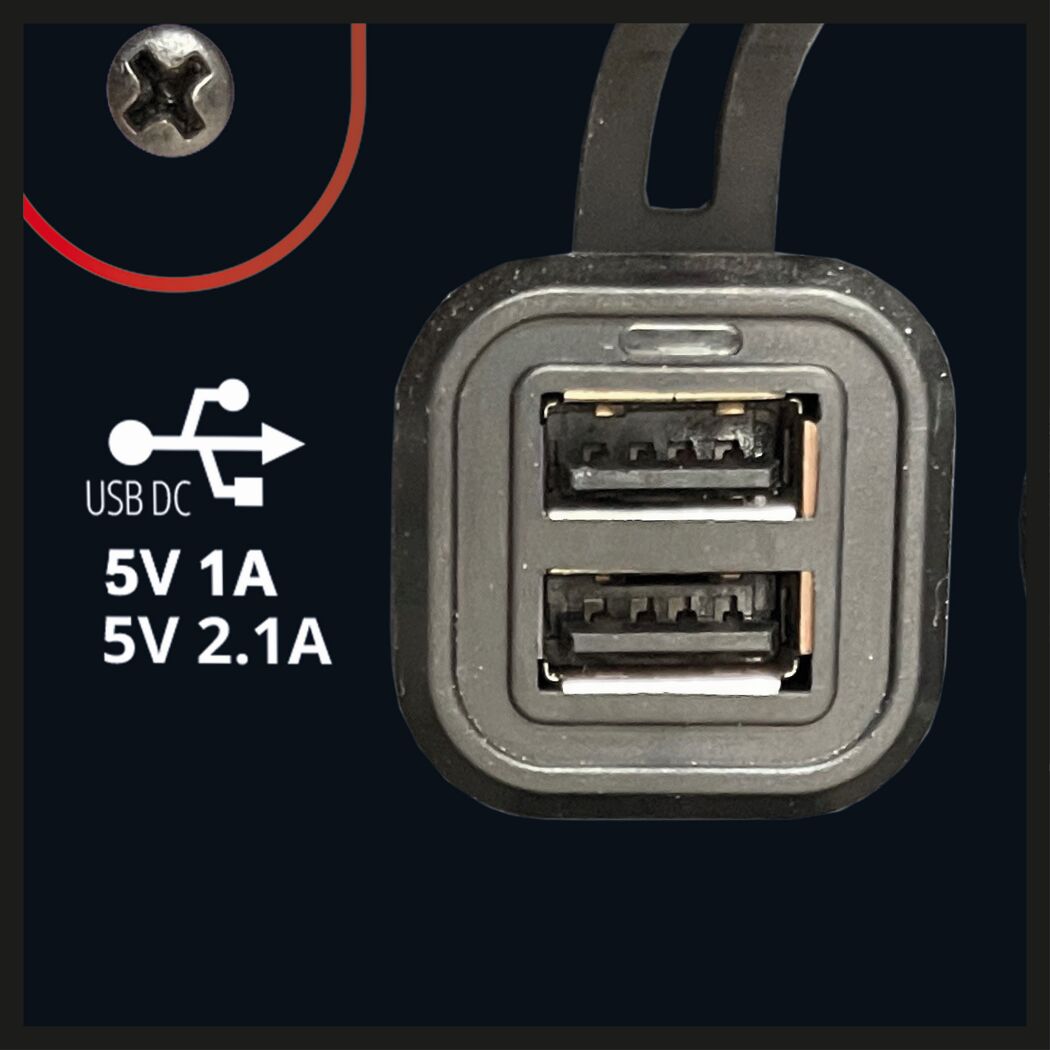Zwei USB DC Anschlüsse mit 5V 1A und 5V 2.1A.