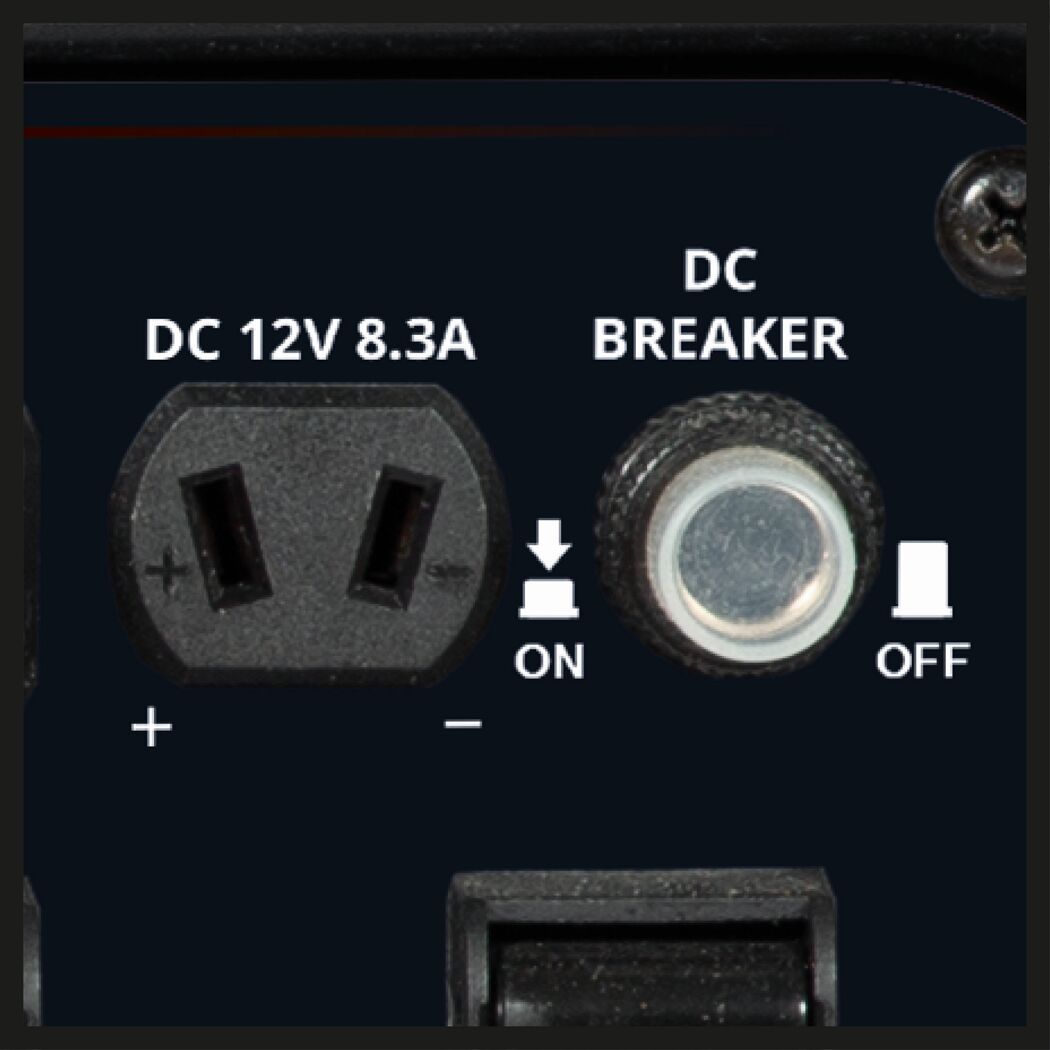 Anschlussfeld Benzin-Stromerzeuger mit DC 12V 8.3A Steckdose und Schutzschalter.