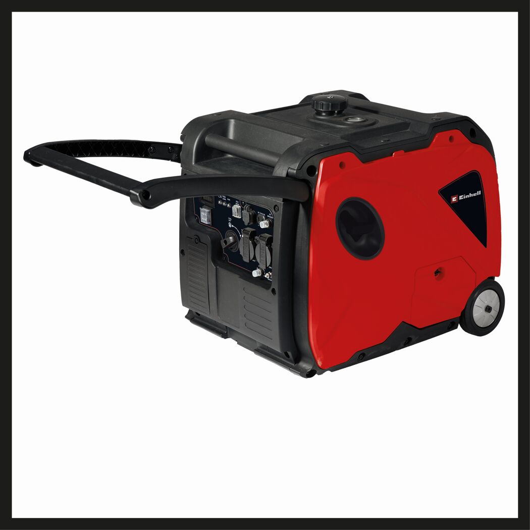 Roter Einhell Benzin-Stromerzeuger TE-IG 3500 mit Griff und Rädern