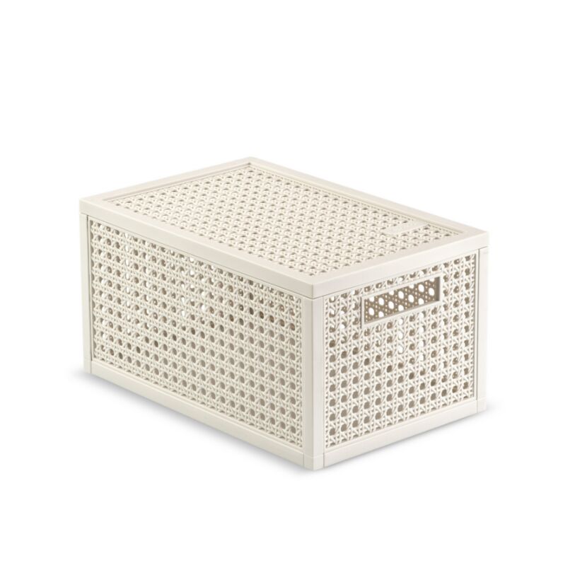 Weiße Aufbewahrungsbox 'Kaya' mit Rattan-Muster.