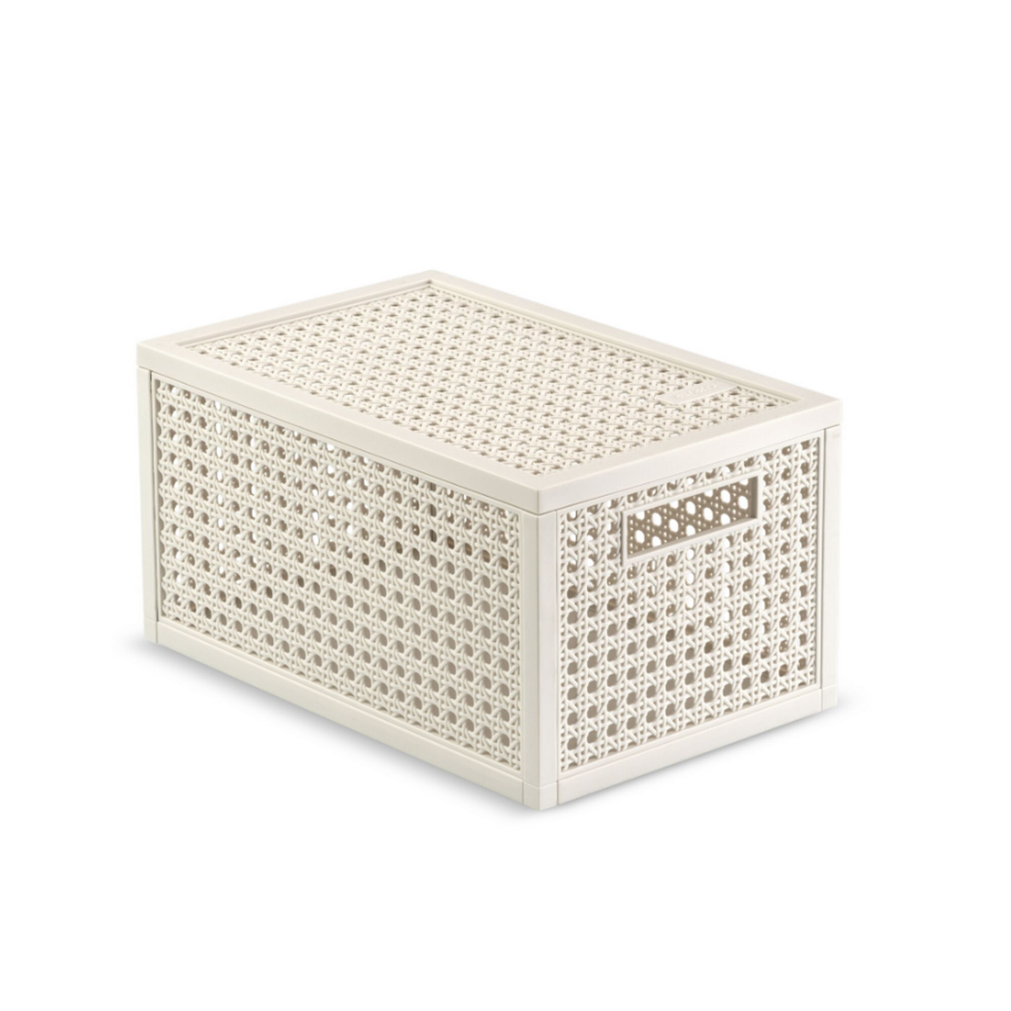 Weiße Aufbewahrungsbox 'Kaya' mit Rattan-Muster.