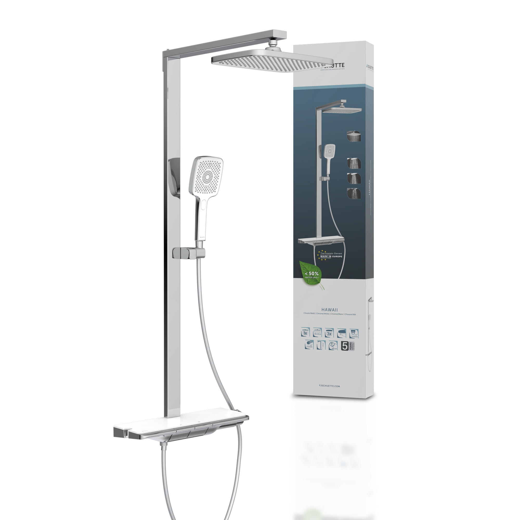 Überkopfbrause-Set 'Hawaii' chrom/weiß Thermostatarmatur und Ablage, 110 cm