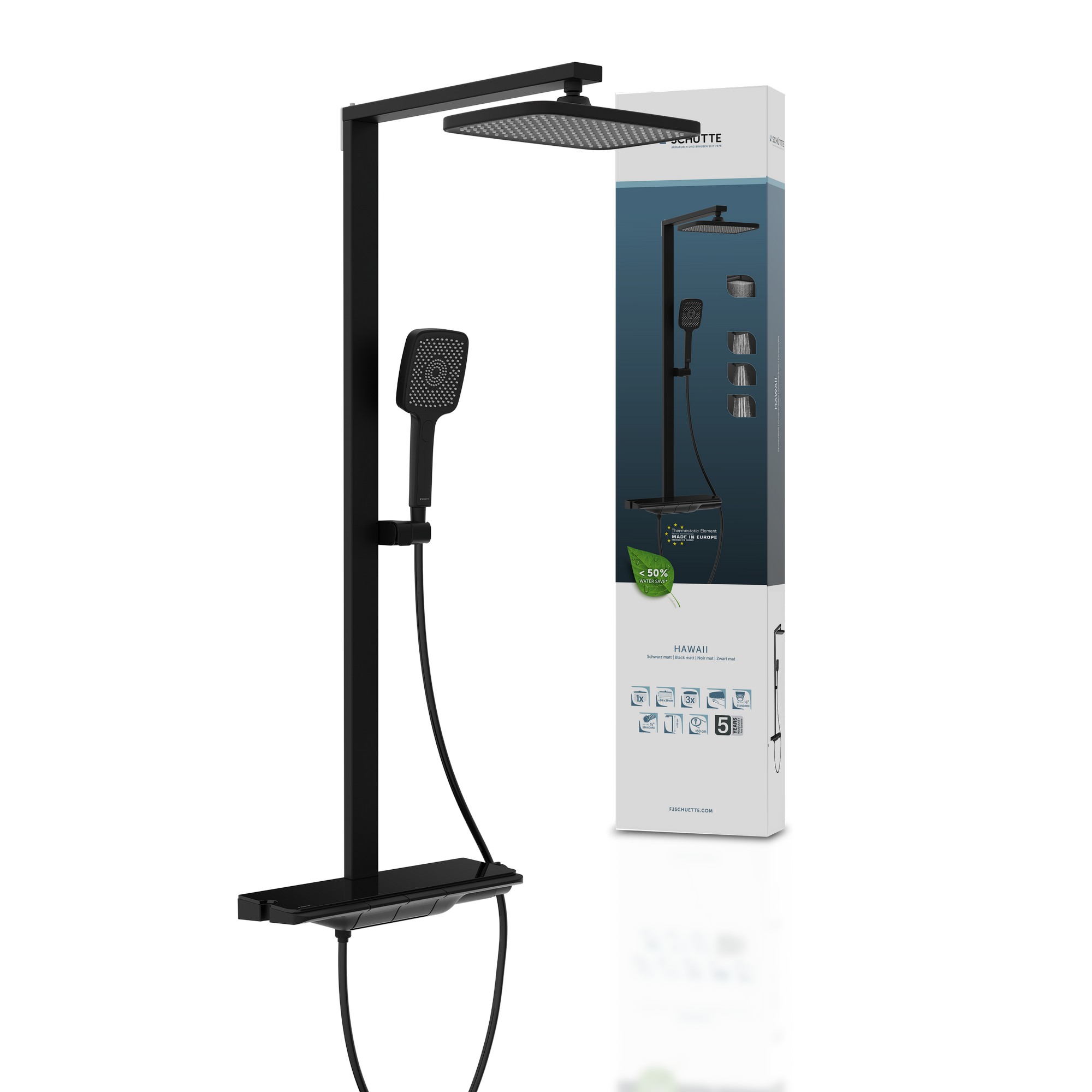 Überkopfbrause-Set 'Hawaii' schwarz matt Thermostatarmatur und Ablage, 110 cm