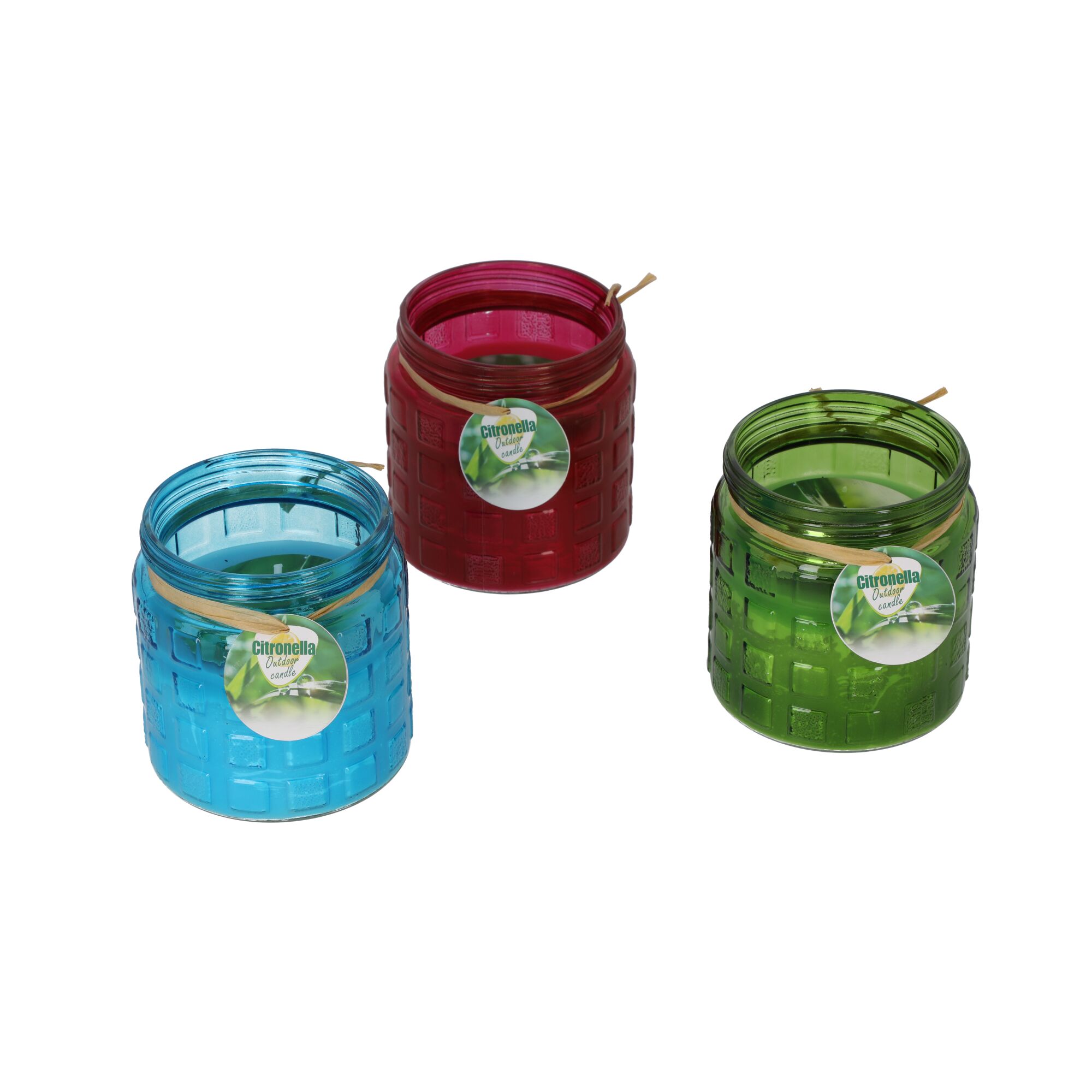 Drei sortierte Citronella-Kerzen in blauen, roten, grünen Gläsern.