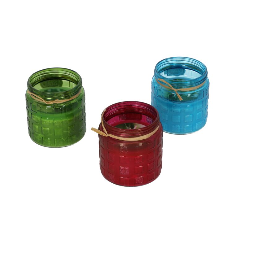 Drei Citronella-Kerzen im Glas in Grün, Rot und Blau.