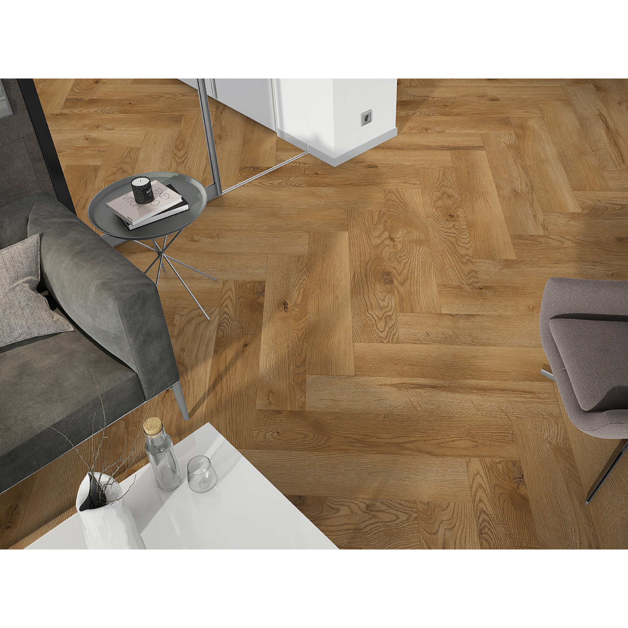 Laminat 'Ville Carrito' Fischgrät Eiche goldfarben 8 mm