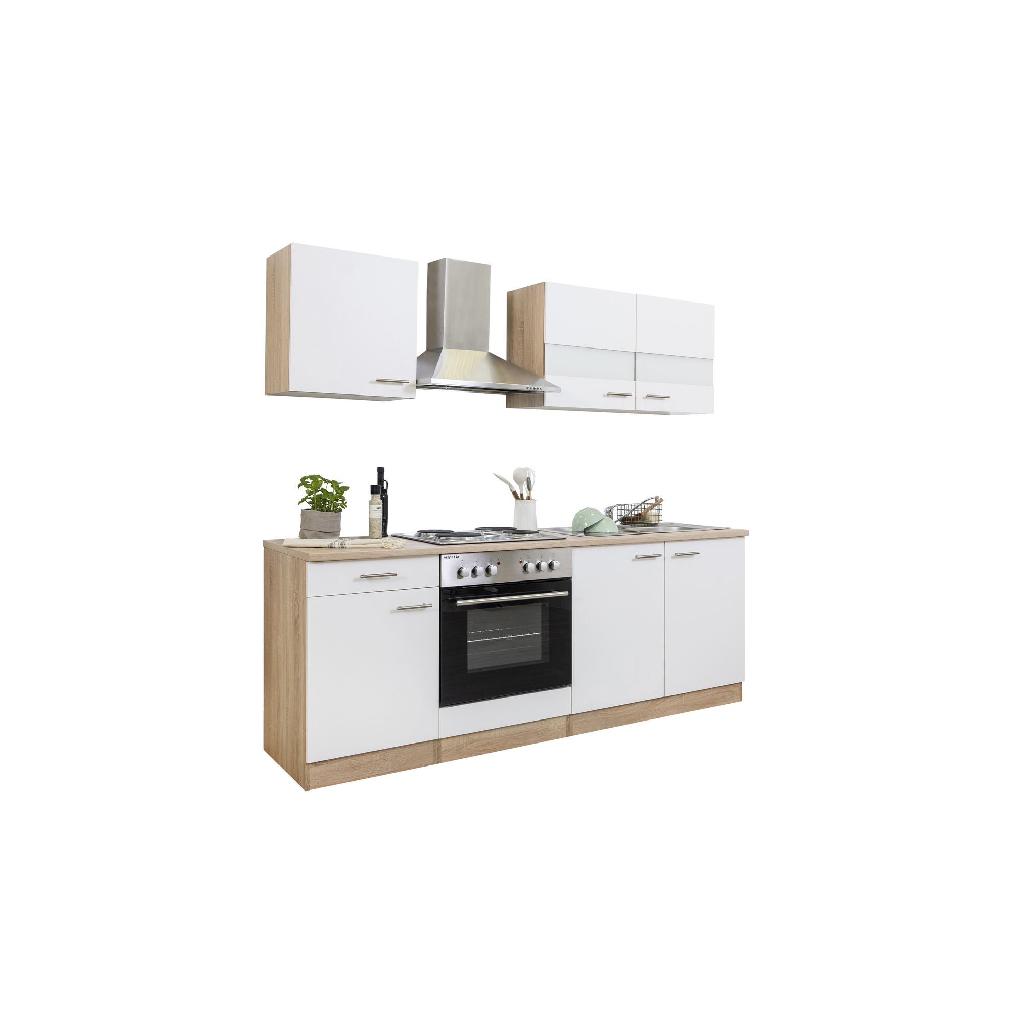 Küchenzeile 'Merle' mit E-Gräten KB210ESW weiß/eichefarben 210 cm
