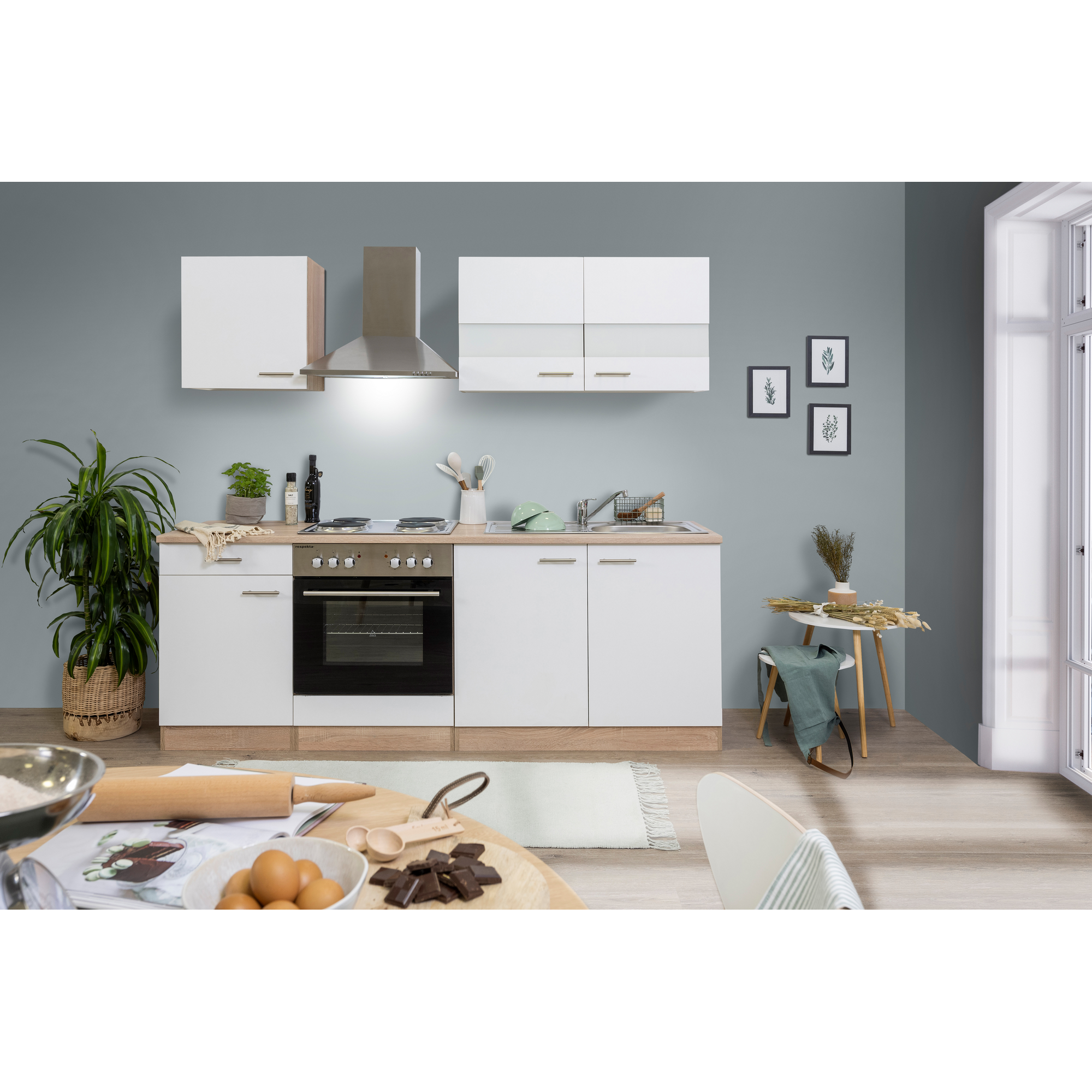 Küchenzeile 'Merle' mit E-Gräten KB210ESW weiß/eichefarben 210 cm