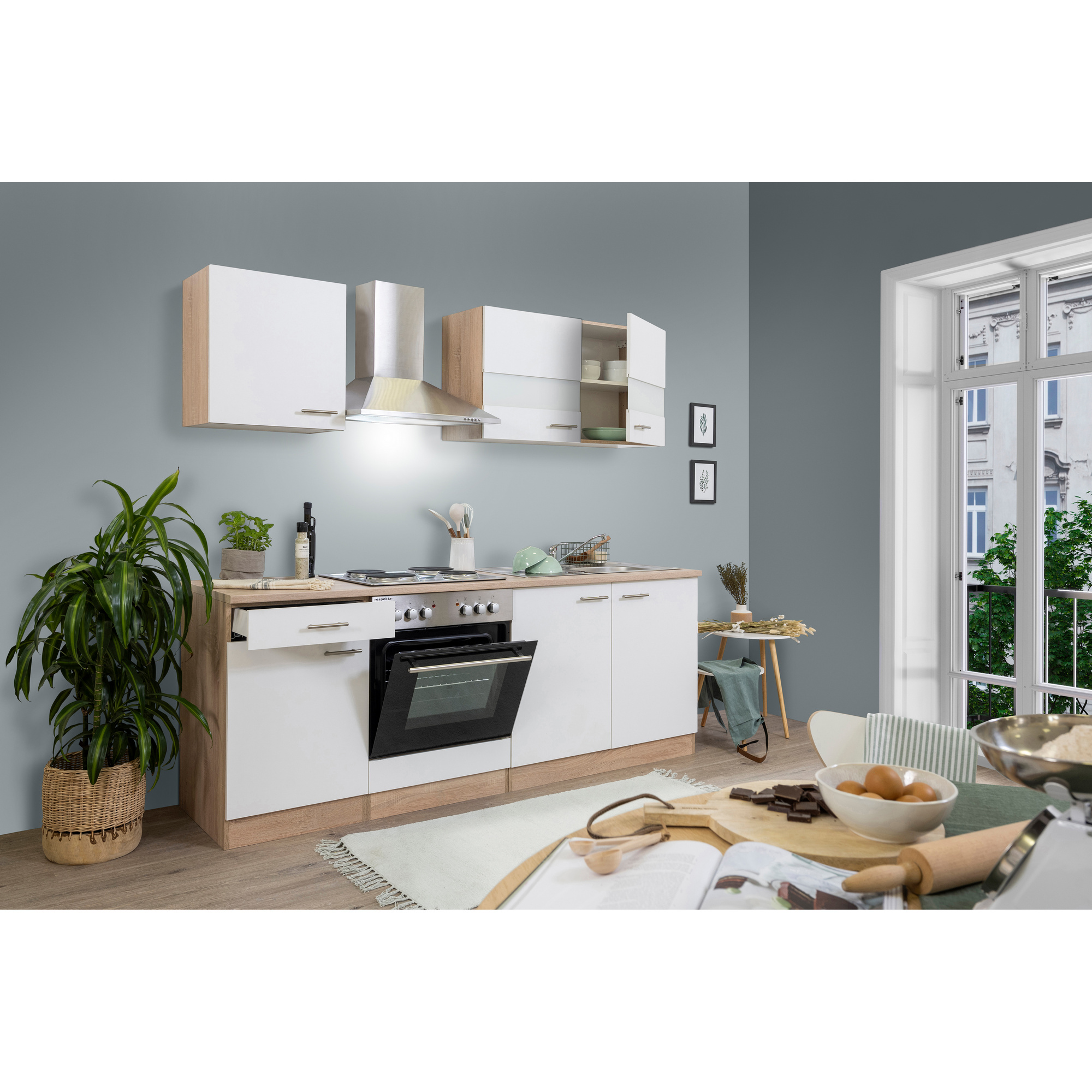 Küchenzeile 'Merle' mit E-Gräten KB210ESW weiß/eichefarben 210 cm