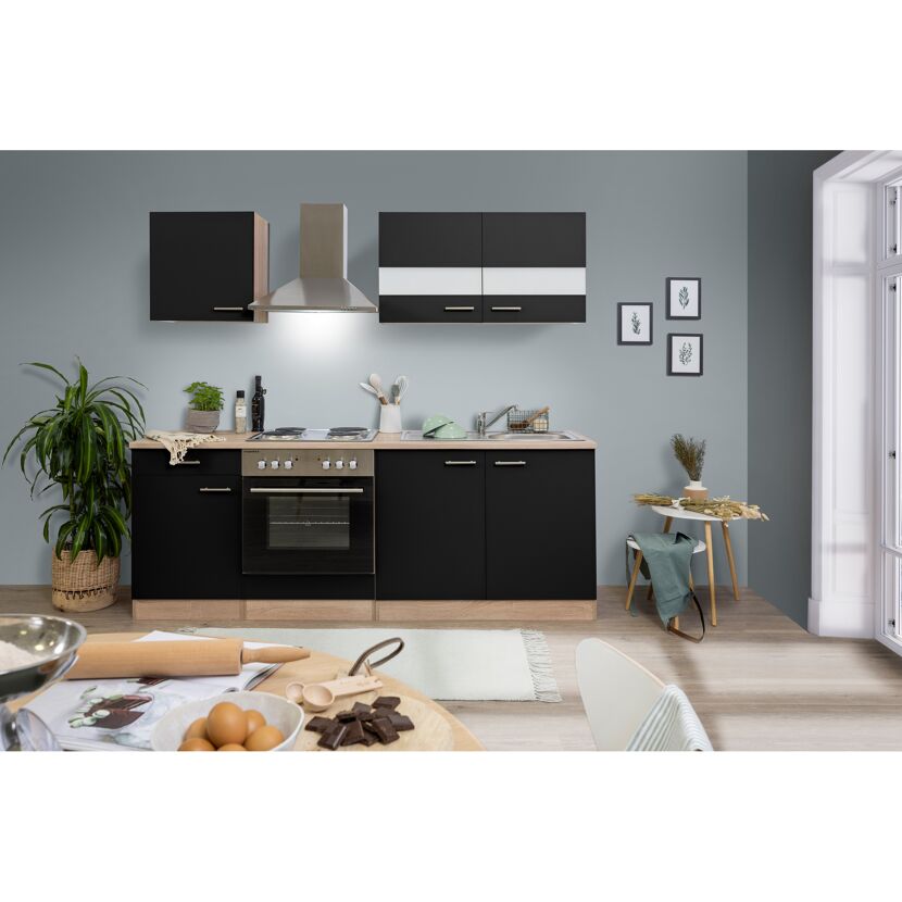 Küchenzeile 'Merle' mit E-Gräten KB210ESS schwarz/eichefarben 210 cm