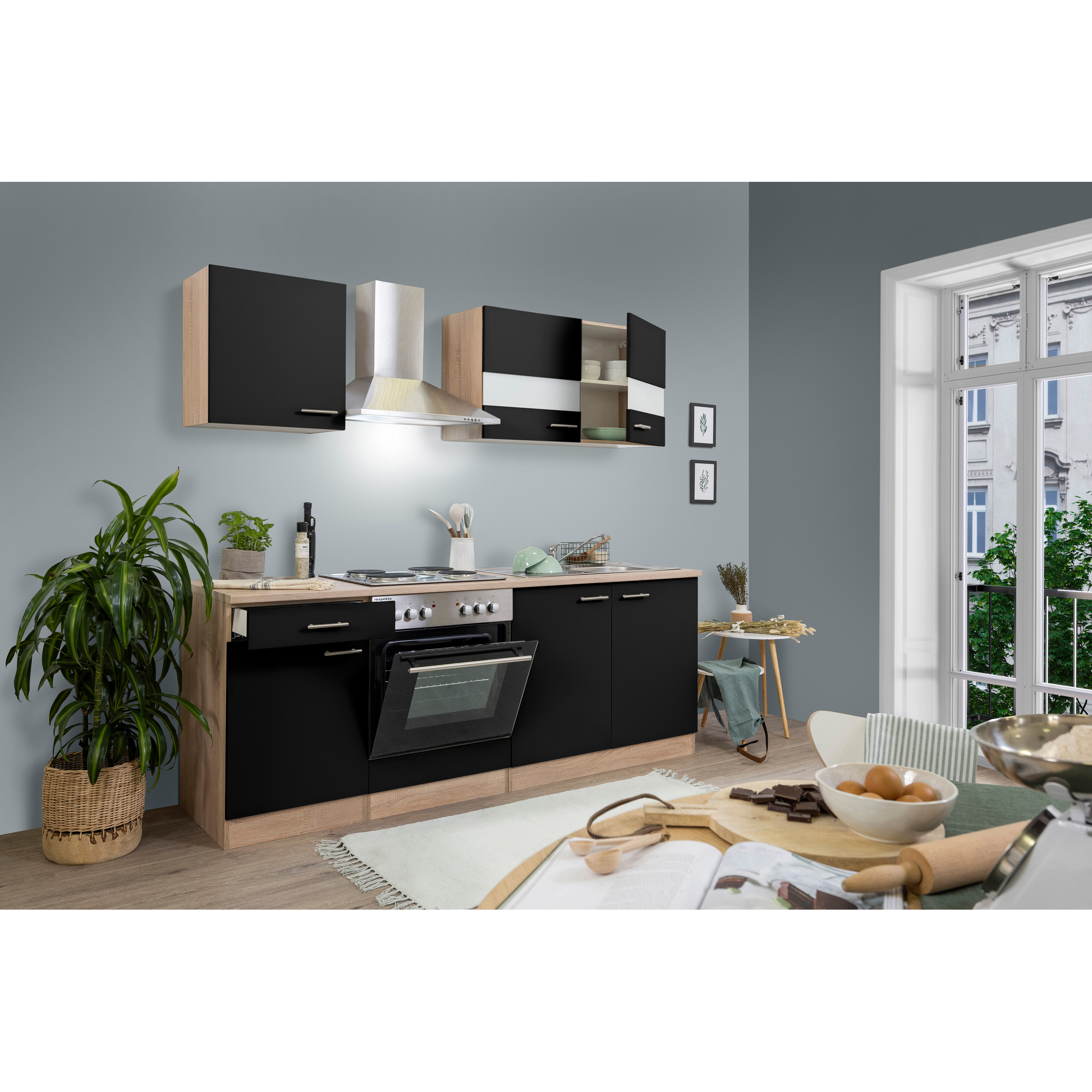 Küchenzeile 'Merle' mit E-Gräten KB210ESS schwarz/eichefarben 210 cm