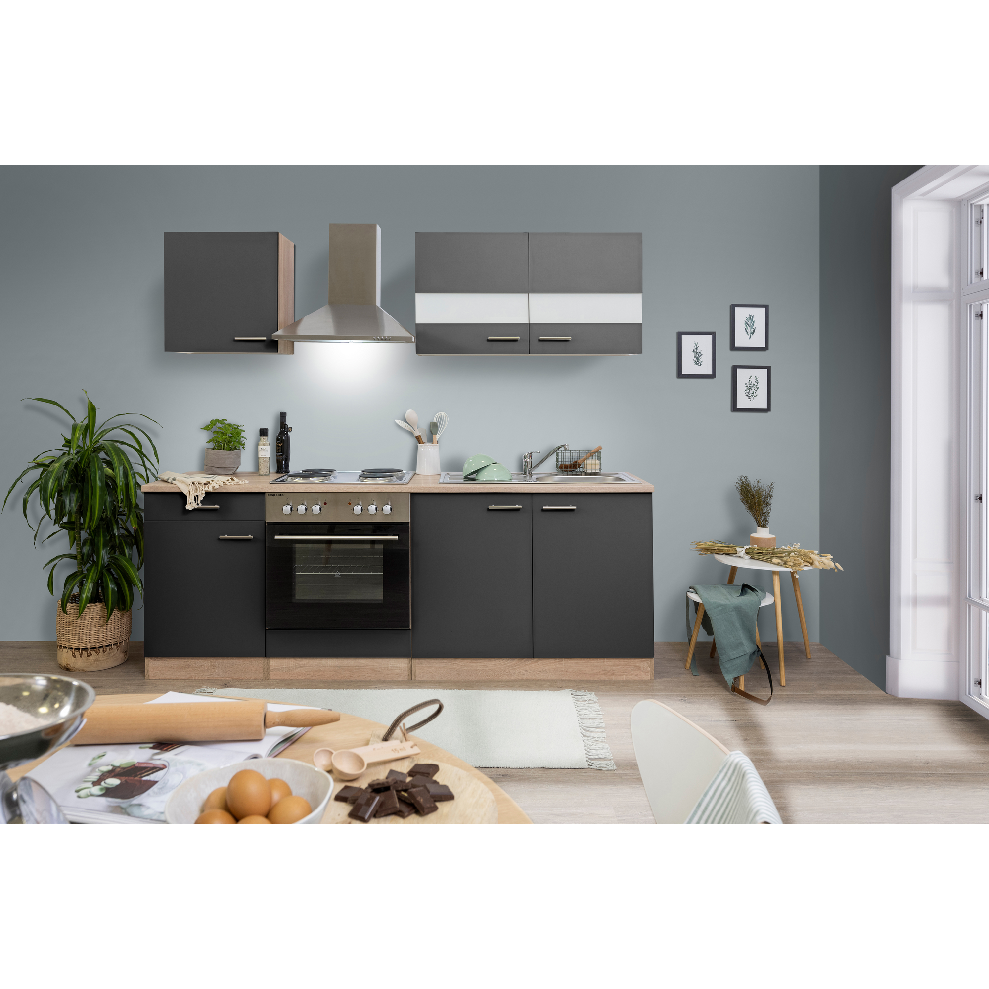 Küchenzeile 'Merle' mit E-Gräten KB210ESG grau/eichefarben 210 cm