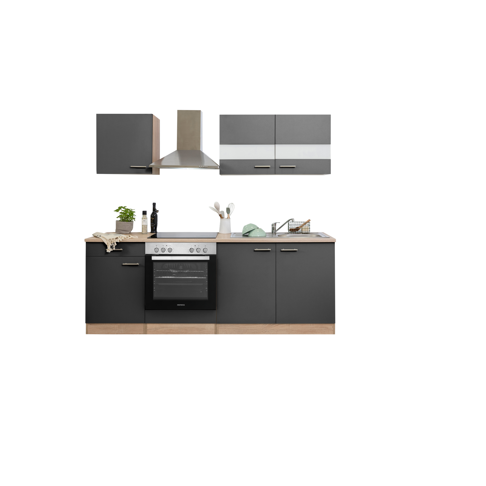 Küchenzeile 'Merle' mit E-Geräten KB210ESGC grau/eichfarben 210 cm