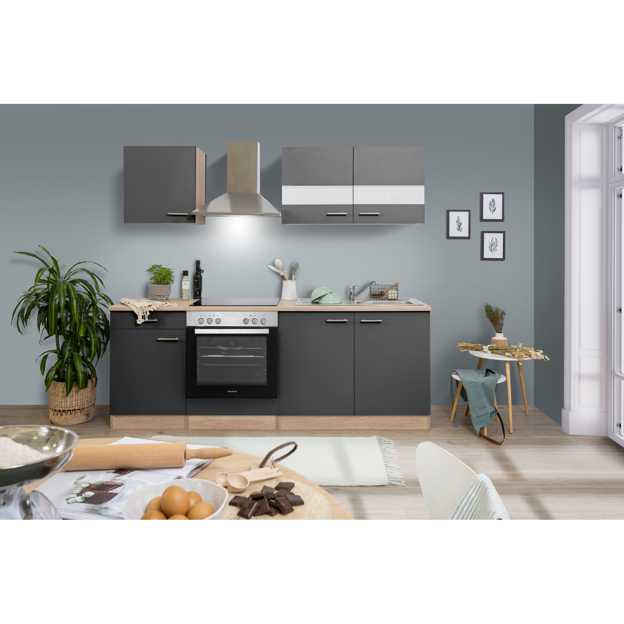 Küchenzeile 'Merle' mit E-Geräten KB210ESGC grau/eichfarben 210 cm