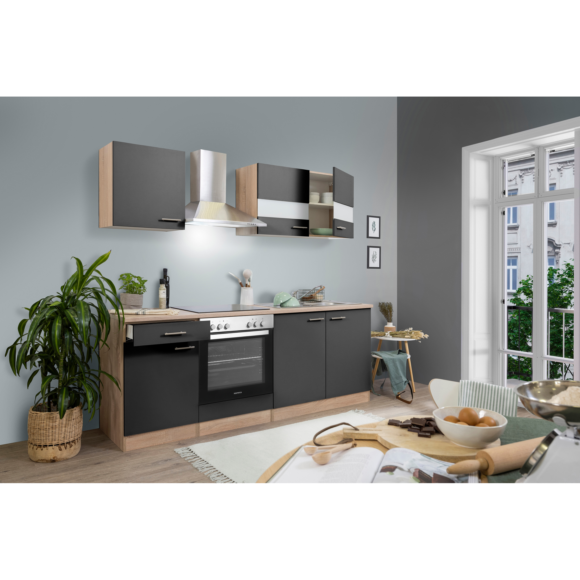 Küchenzeile 'Merle' mit E-Geräten KB210ESGC grau/eichfarben 210 cm