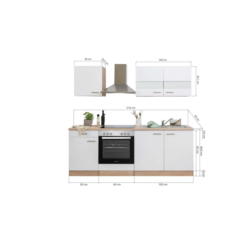 Küchenzeile 'Merle' mit E-Geräten KB210ESGC grau/eichfarben 210 cm