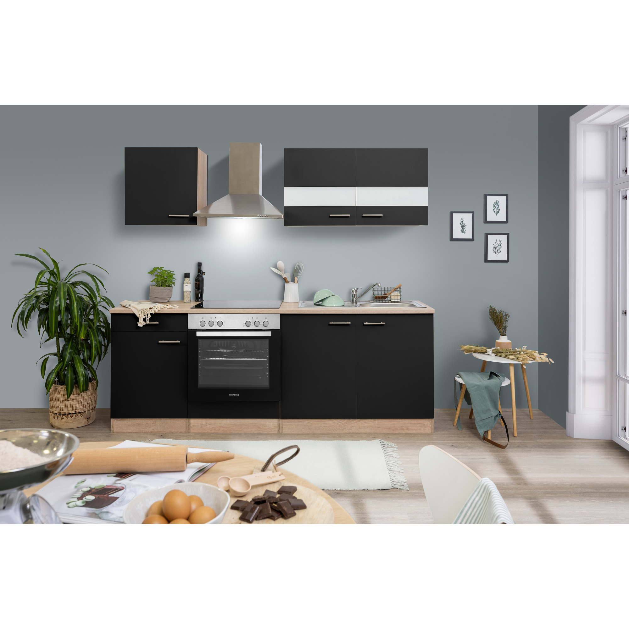 Küchenzeile 'Merle' mit E-Geräten KB210ESSC schwarz/eichfarben 210 cm