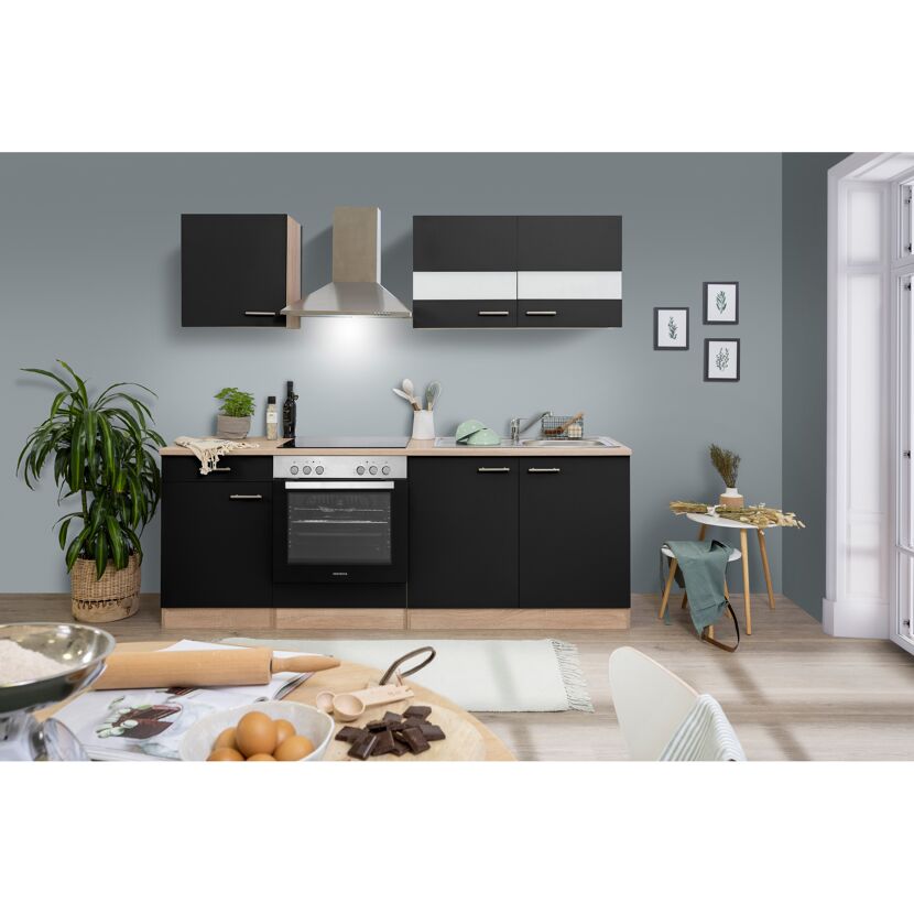 Küchenzeile 'Merle' mit E-Geräten KB210ESSC schwarz/eichfarben 210 cm