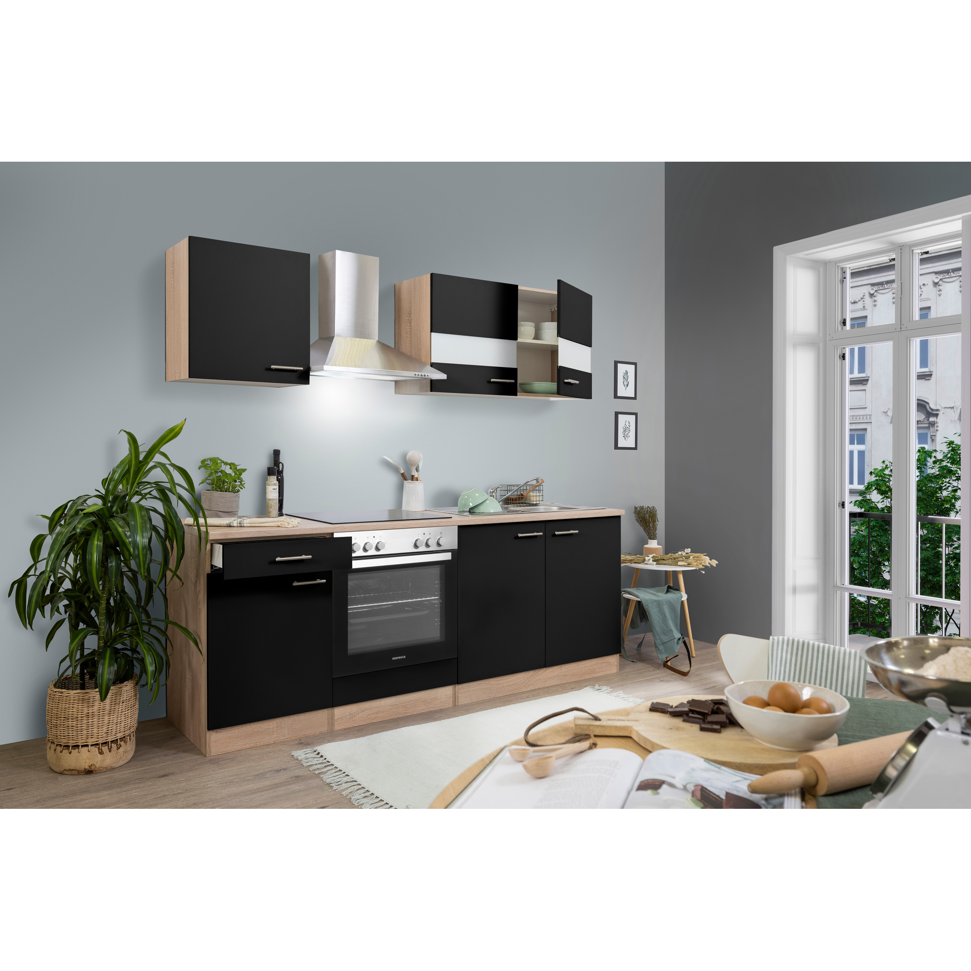 Küchenzeile 'Merle' mit E-Geräten KB210ESSC schwarz/eichfarben 210 cm