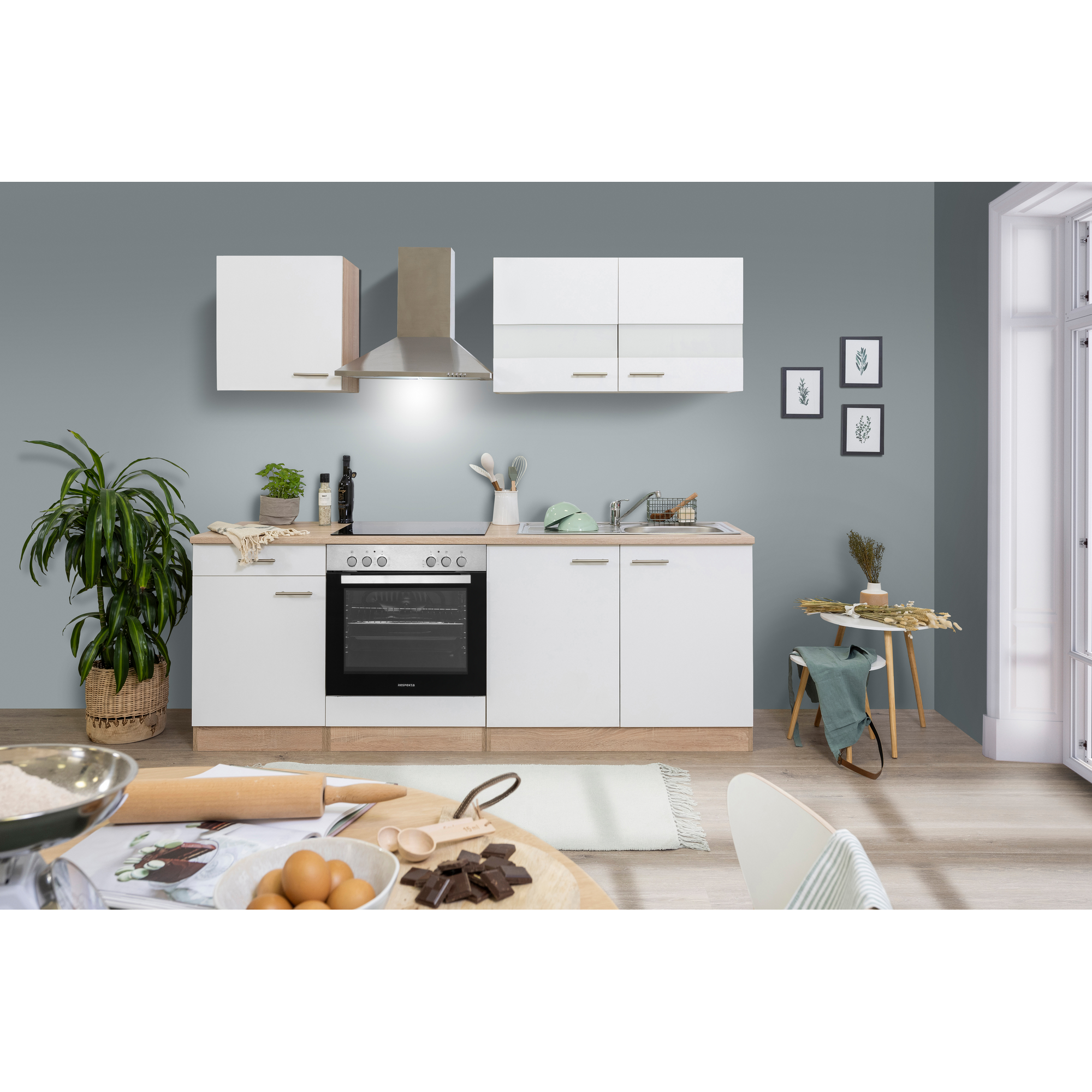 Küchenzeile 'Merle' mit E-Geräten KB210ESWC weiß/eichfarben210 cm