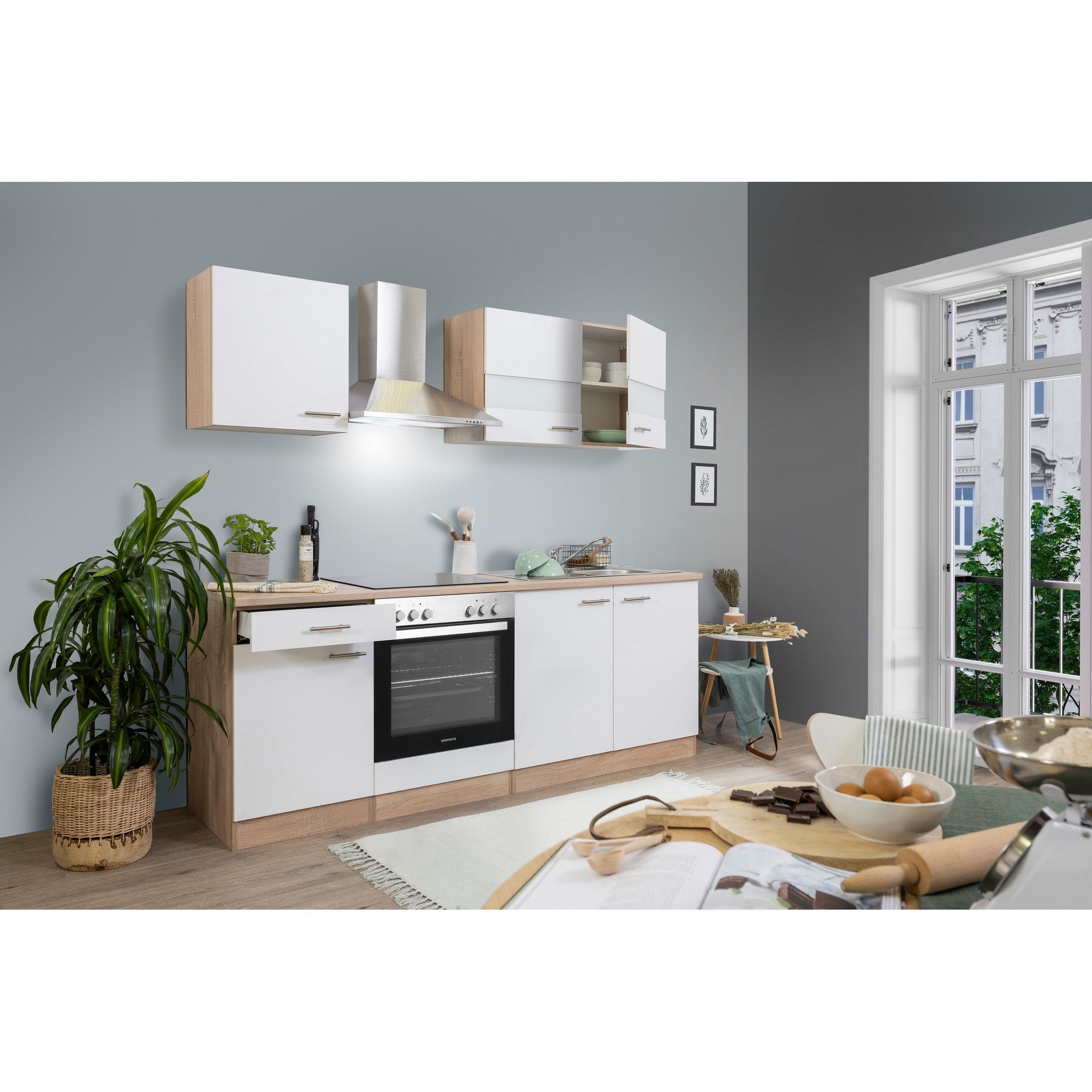 Küchenzeile 'Merle' mit E-Geräten KB210ESWC weiß/eichfarben210 cm