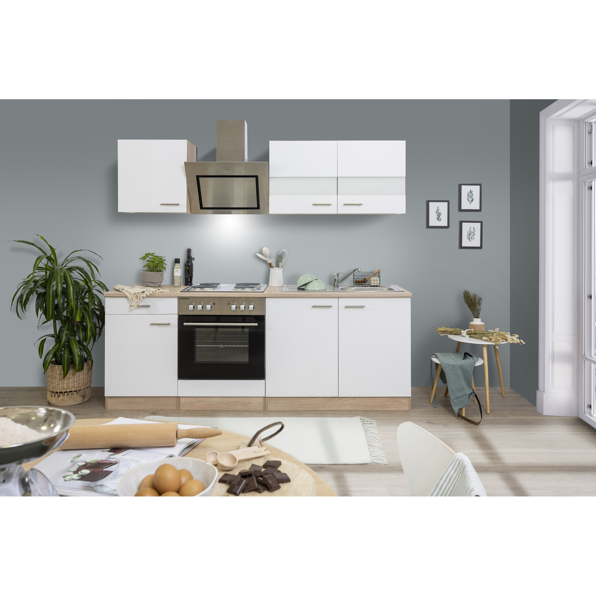 Küchenzeile 'Merle' mit E-Geräten KB210ESWS weiß/eichefarben 210 cm