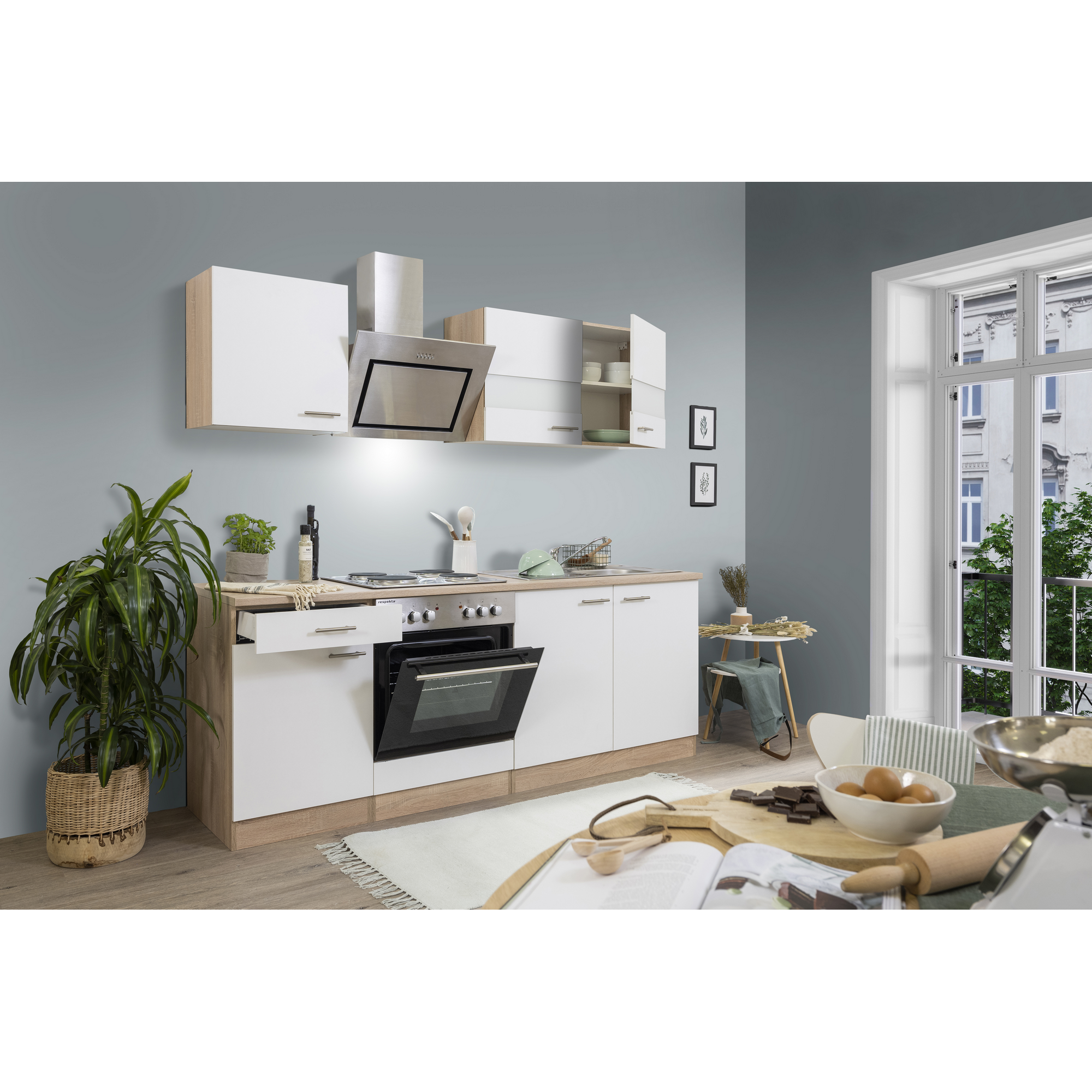 Küchenzeile 'Merle' mit E-Geräten KB210ESWS weiß/eichefarben 210 cm