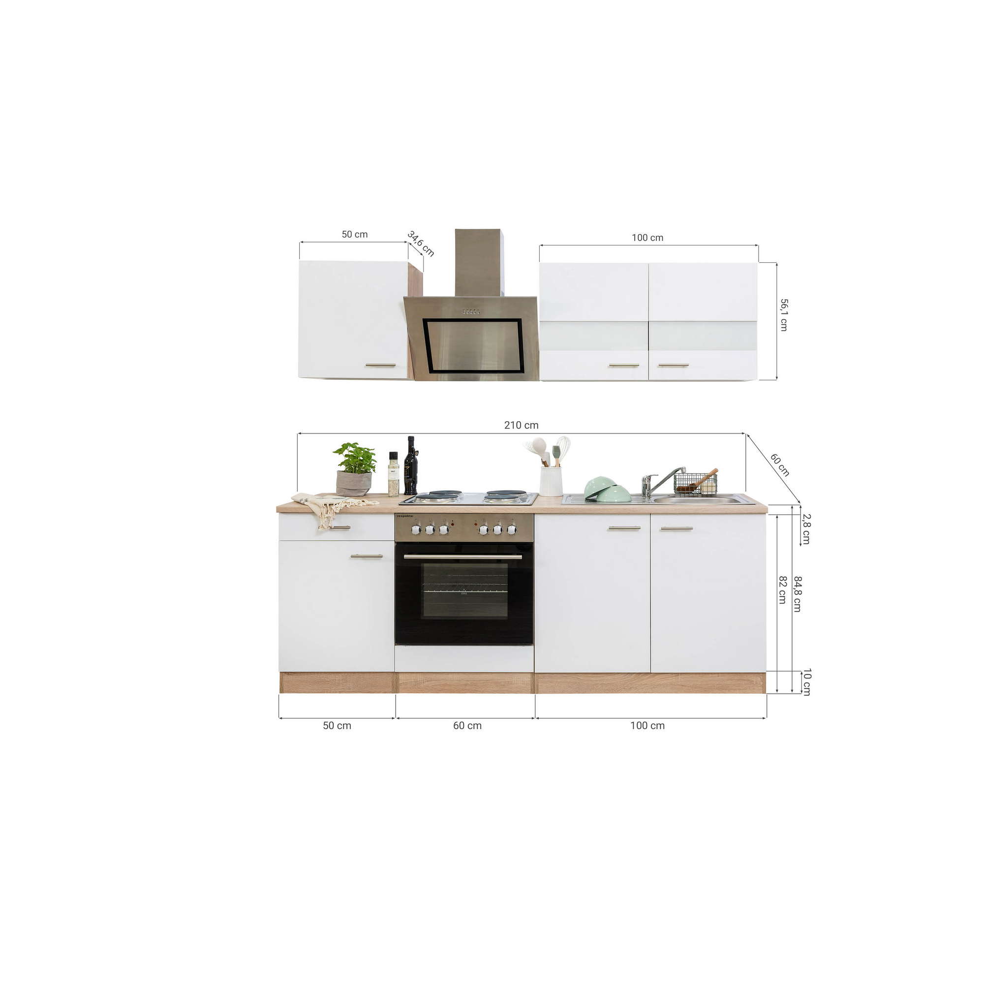 Küchenzeile 'Merle' mit E-Geräten KB210ESWS weiß/eichefarben 210 cm