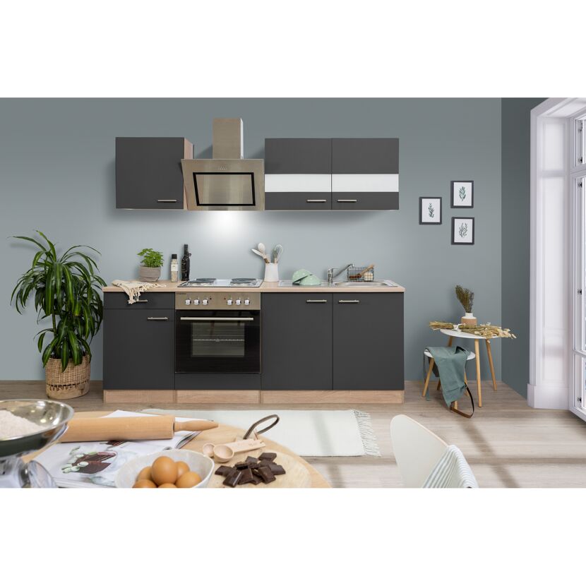 Küchenzeile 'Merle' mit E-Geräten KB210ESGS grau/eichefarben 210 cm