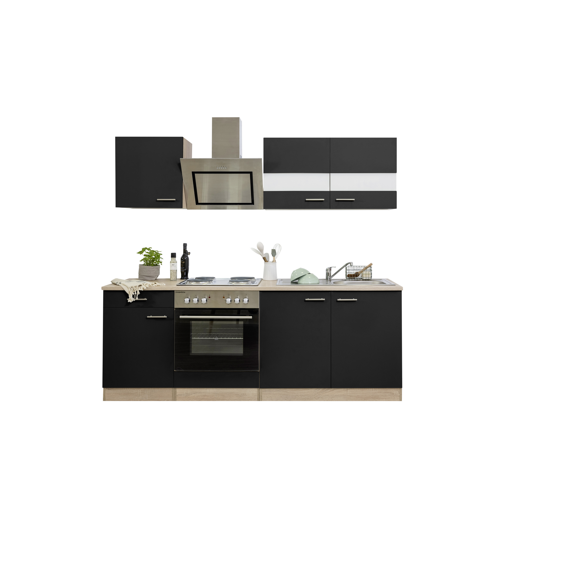 Küchenzeile 'Merle' mit E-Geräten KB210ESSS schwarz/eichefarben 210 cm