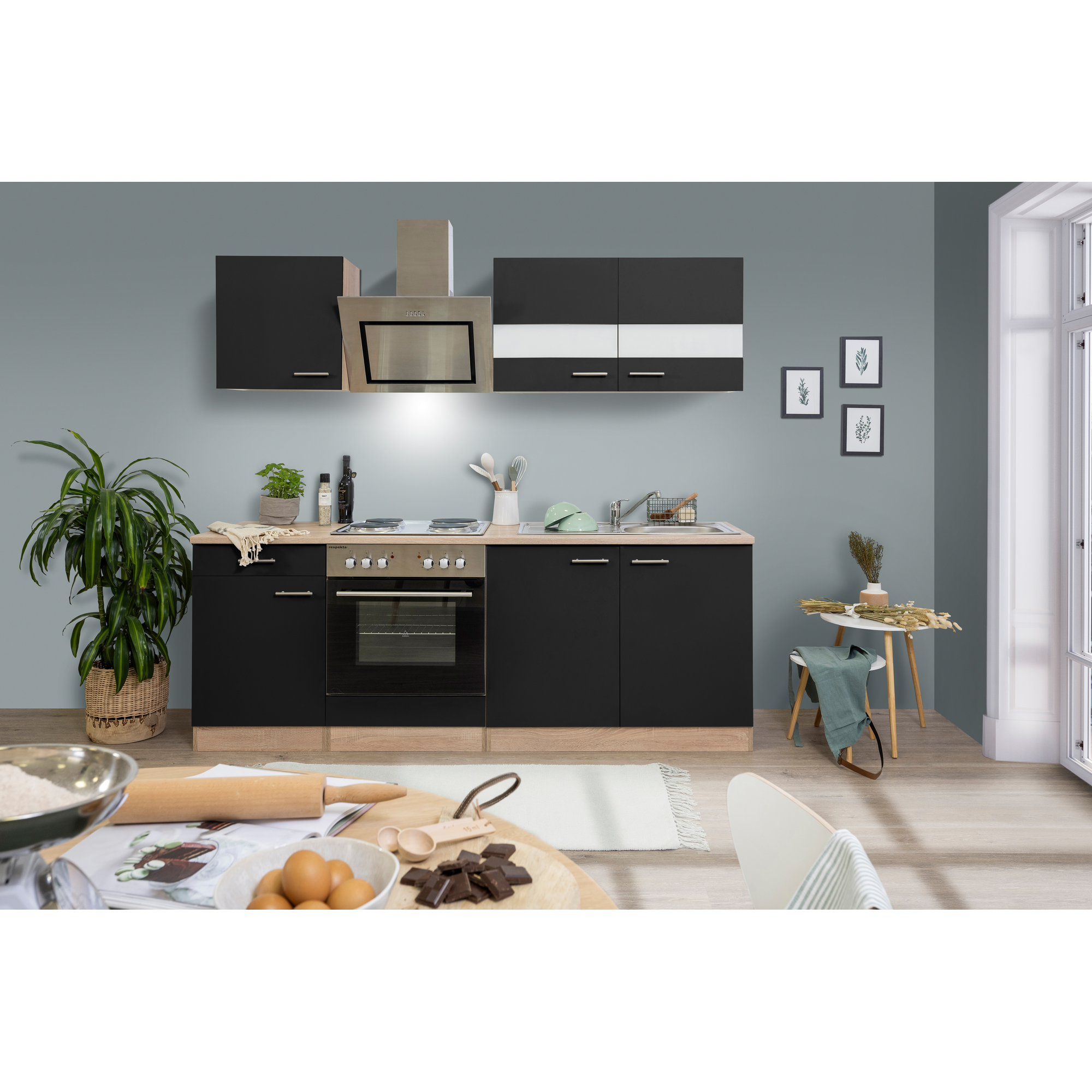 Küchenzeile 'Merle' mit E-Geräten KB210ESSS schwarz/eichefarben 210 cm