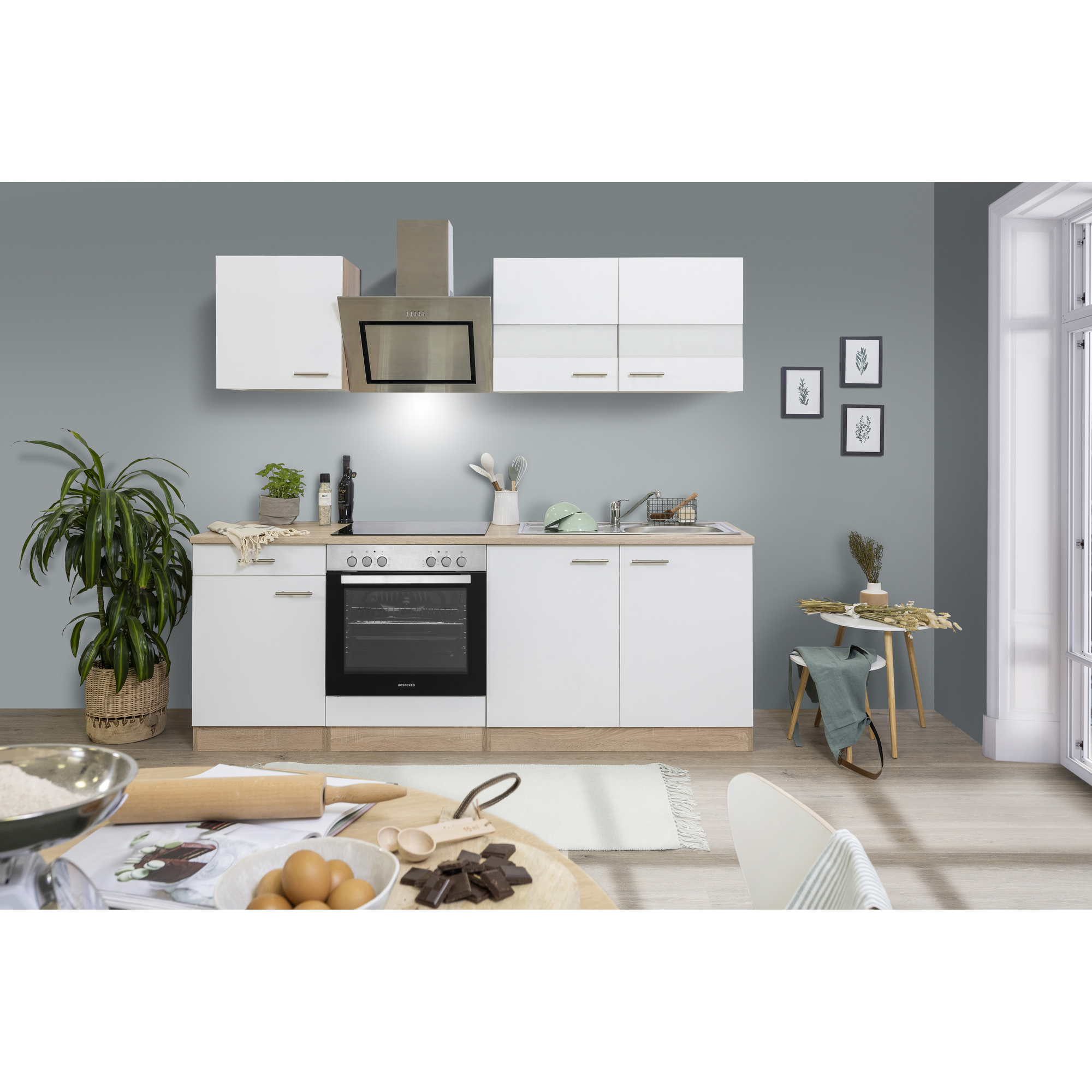 Küchenzeile 'Merle' mit E-Geräten KB210ESWSC weiß/eichefarben 210 cm