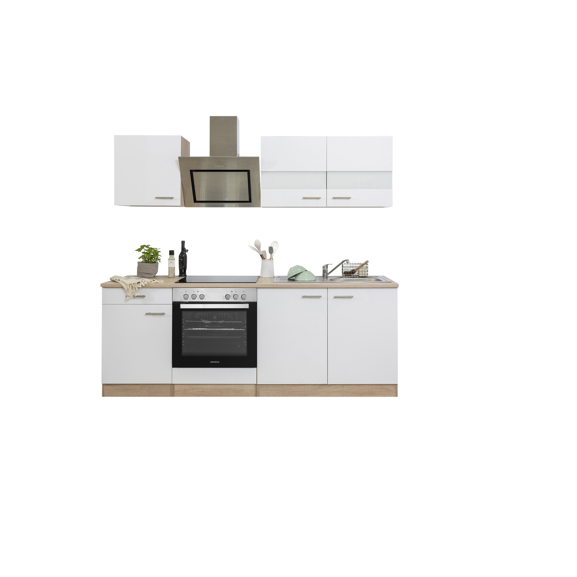 Küchenzeile 'Merle' mit E-Geräten KB210ESWSC weiß/eichefarben 210 cm