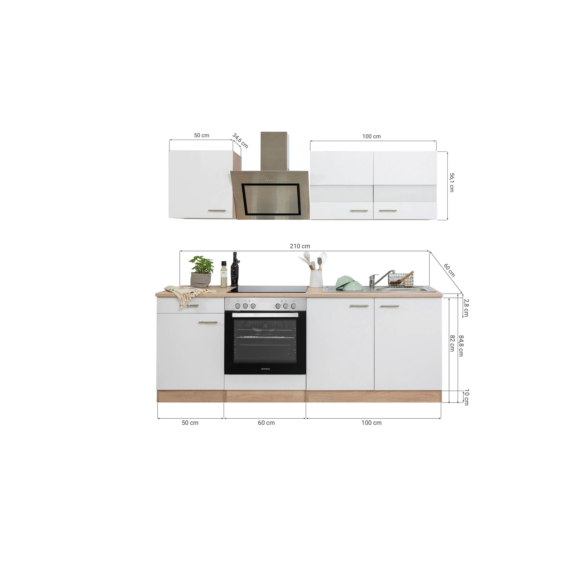 Küchenzeile 'Merle' mit E-Geräten KB210ESWSC weiß/eichefarben 210 cm