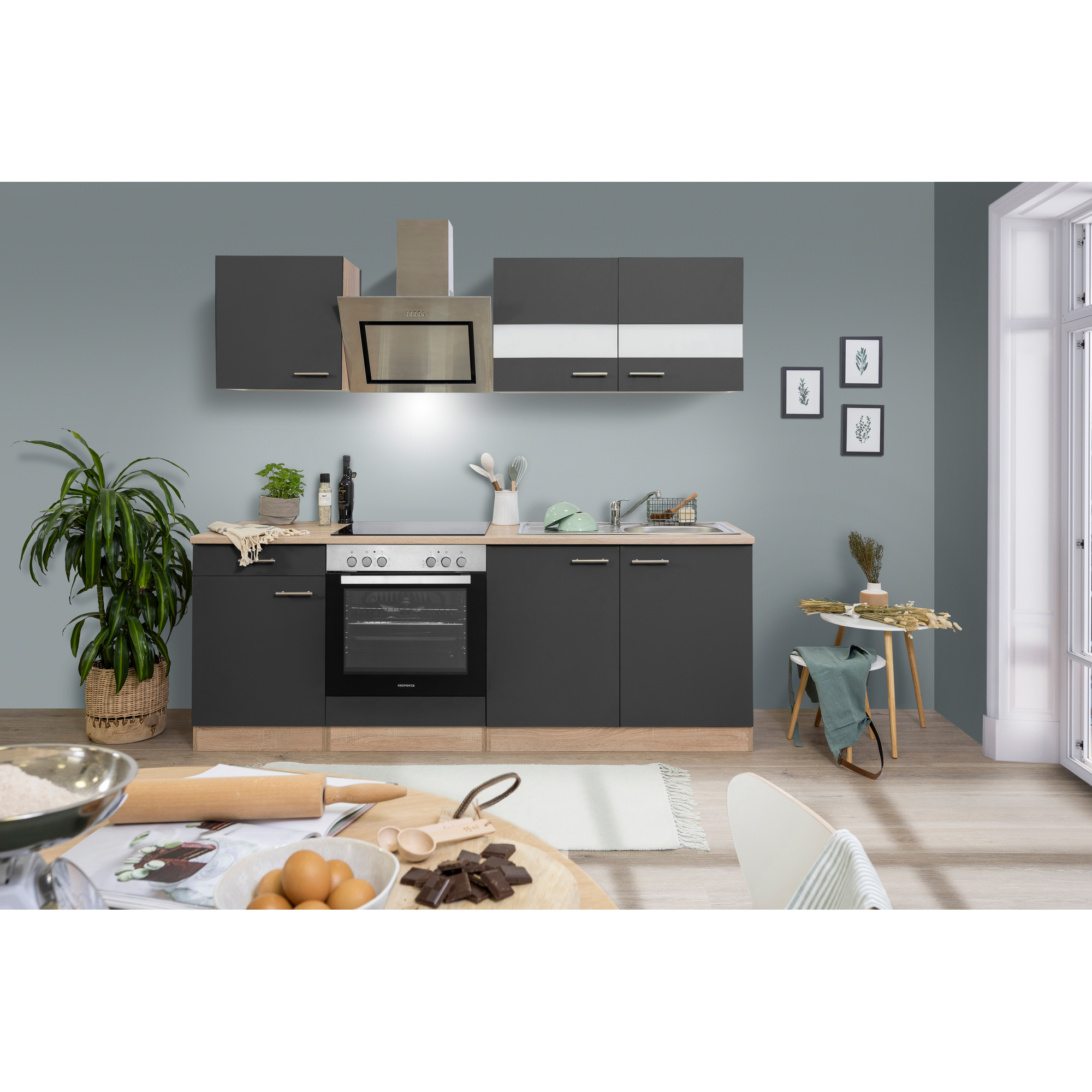 Küchenzeile 'Merle' mit E-Geräten KB210ESGSC grau/eichefarben 210 cm