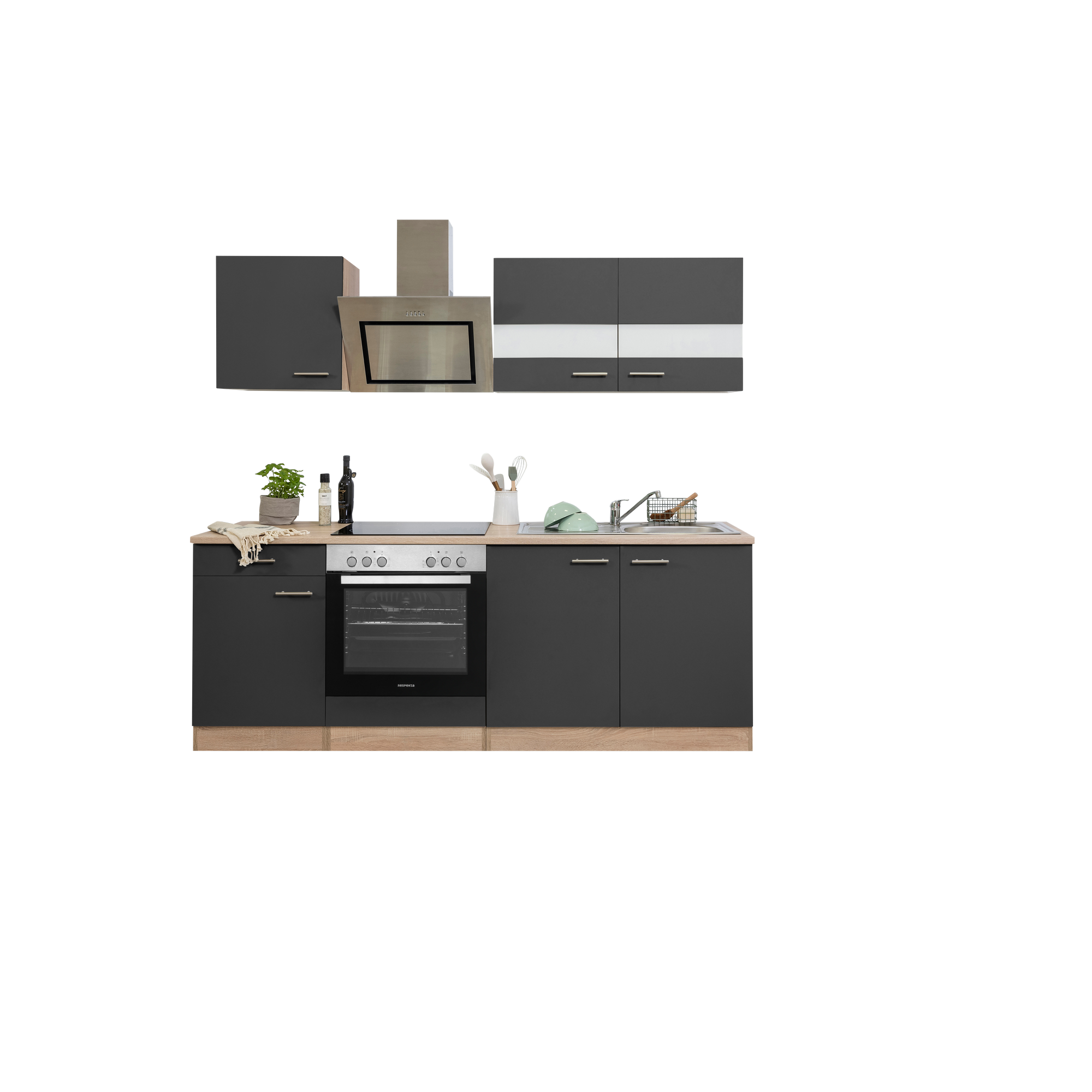 Küchenzeile 'Merle' mit E-Geräten KB210ESGSC grau/eichefarben 210 cm