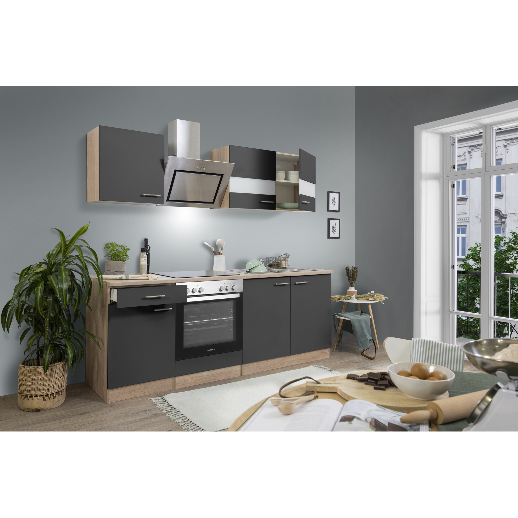 Küchenzeile 'Merle' mit E-Geräten KB210ESGSC grau/eichefarben 210 cm
