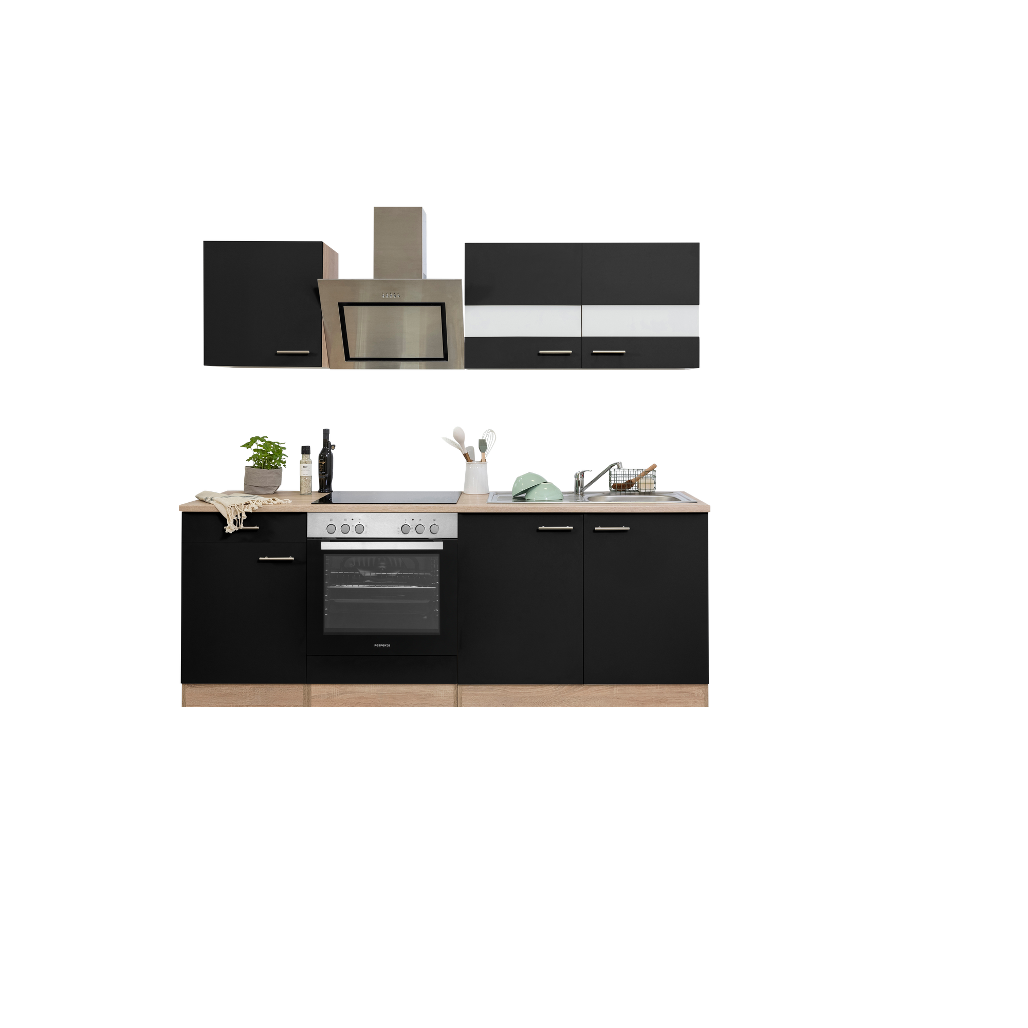 Küchenzeile 'Merle' mit E-Geräten KB210ESSSC schwarz/eichefarben 210 cm