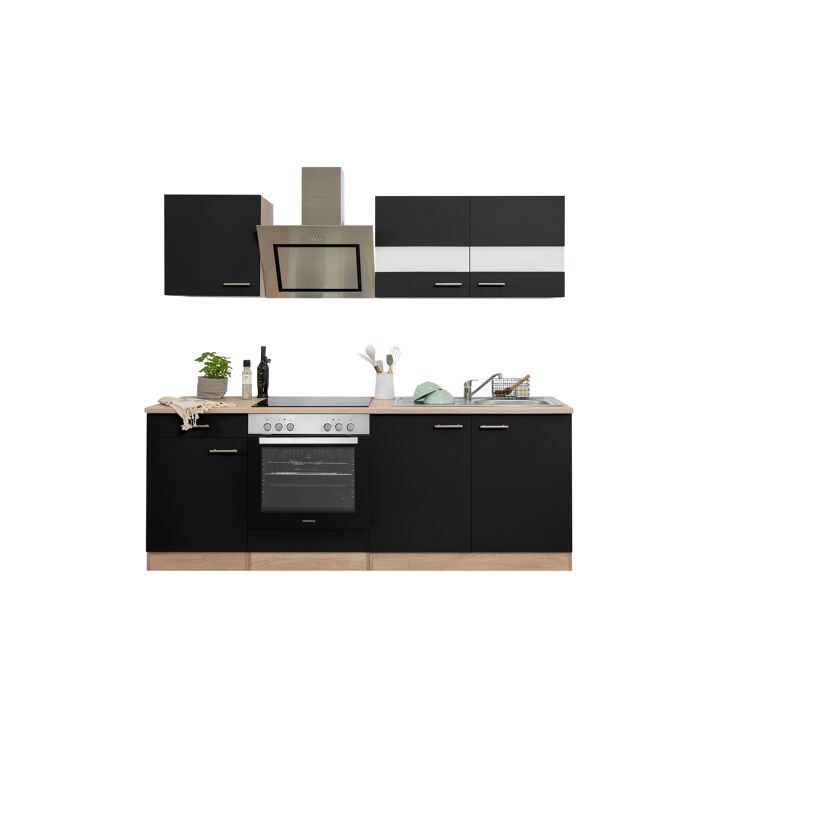 Küchenzeile 'Merle' mit E-Geräten KB210ESSSC schwarz/eichefarben 210 cm