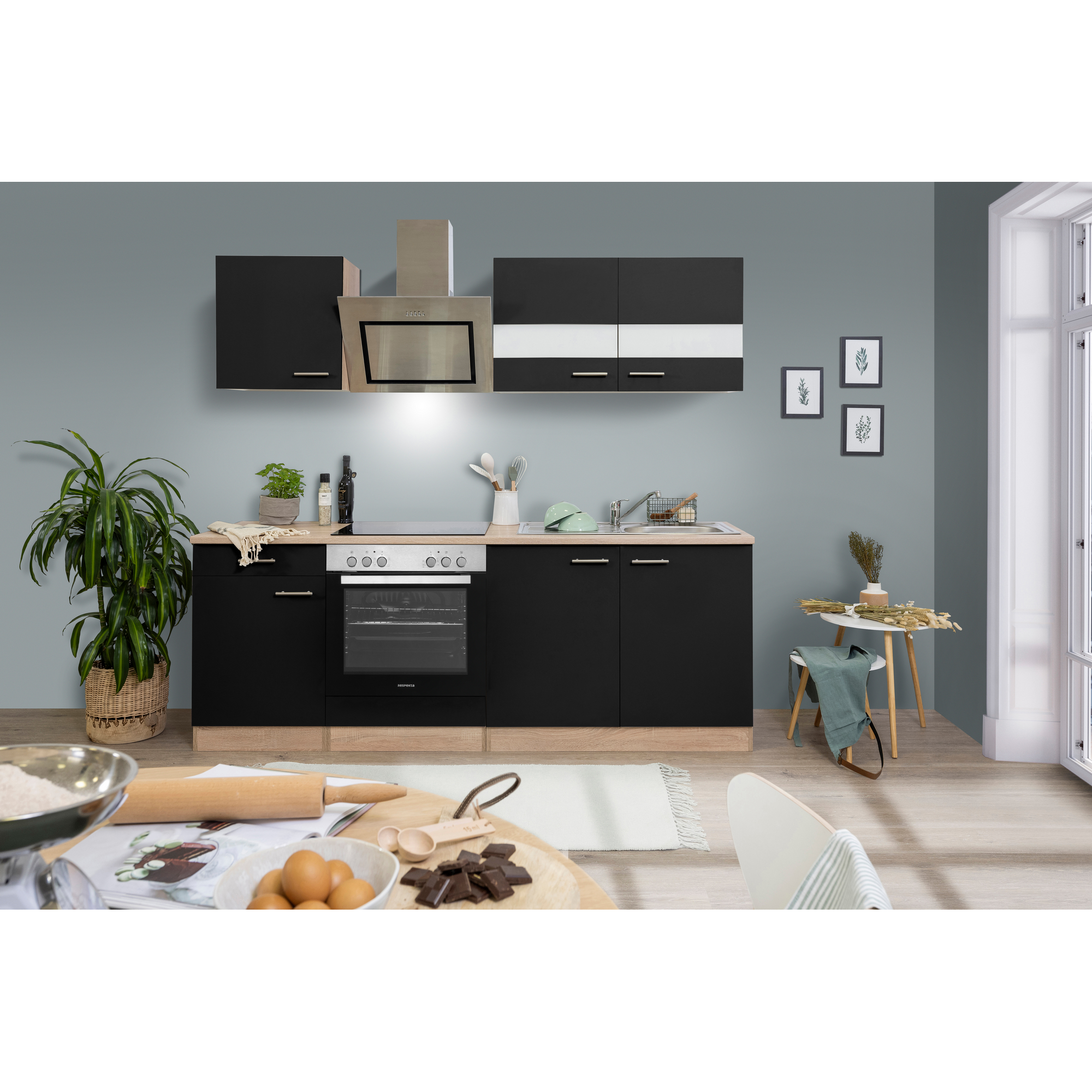 Küchenzeile 'Merle' mit E-Geräten KB210ESSSC schwarz/eichefarben 210 cm