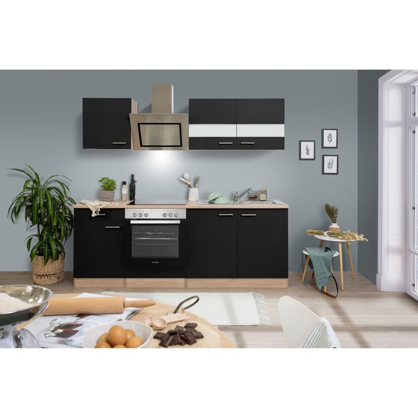 Küchenzeile 'Merle' mit E-Geräten KB210ESSSC schwarz/eichefarben 210 cm