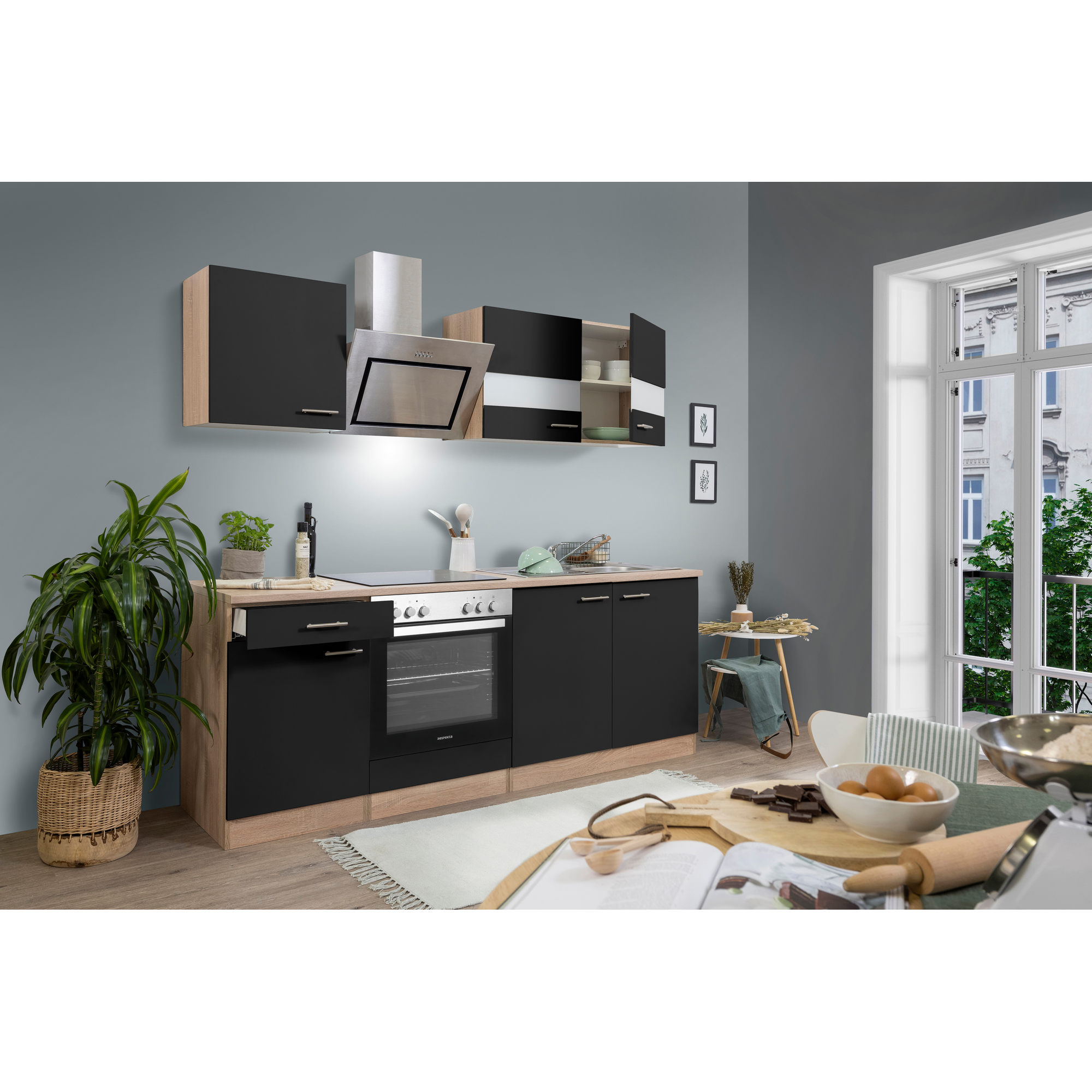 Küchenzeile 'Merle' mit E-Geräten KB210ESSSC schwarz/eichefarben 210 cm