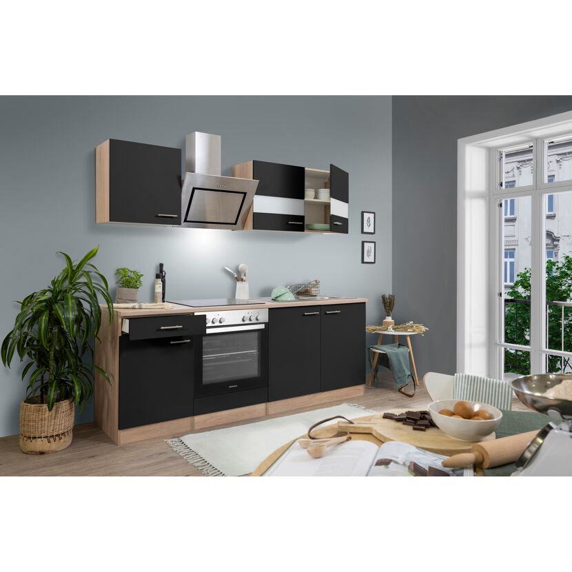 Küchenzeile 'Merle' mit E-Geräten KB210ESSSC schwarz/eichefarben 210 cm