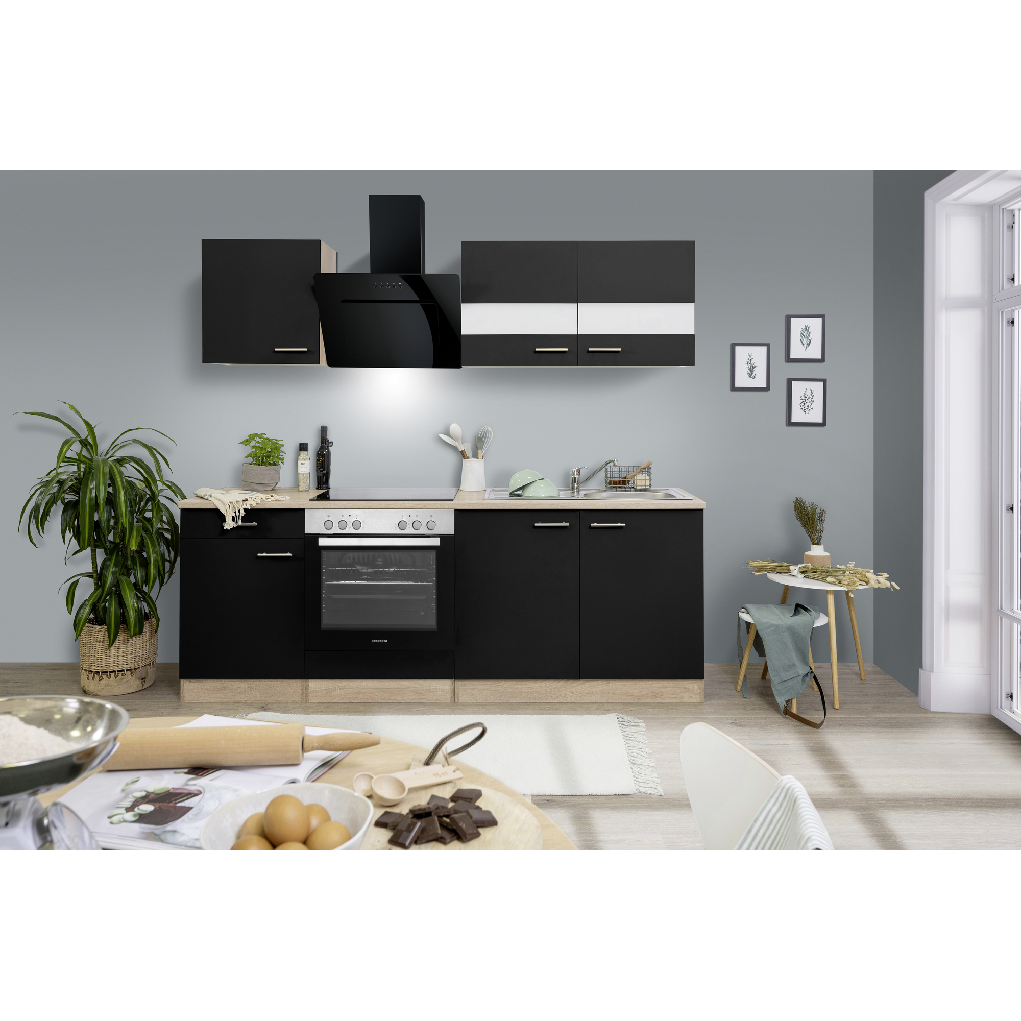 Küchenzeile 'Merle' mit E-Geräten KB210ESSSSC schwarz/eichefarben 210 cm