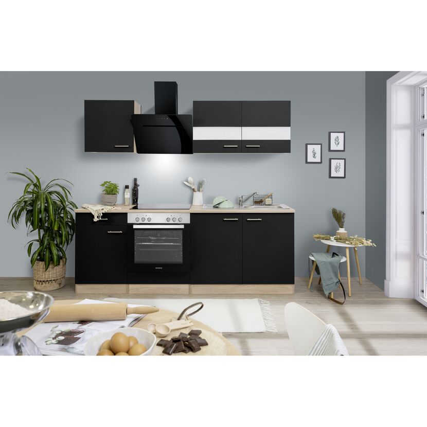 Küchenzeile 'Merle' mit E-Geräten KB210ESSSSC schwarz/eichefarben 210 cm