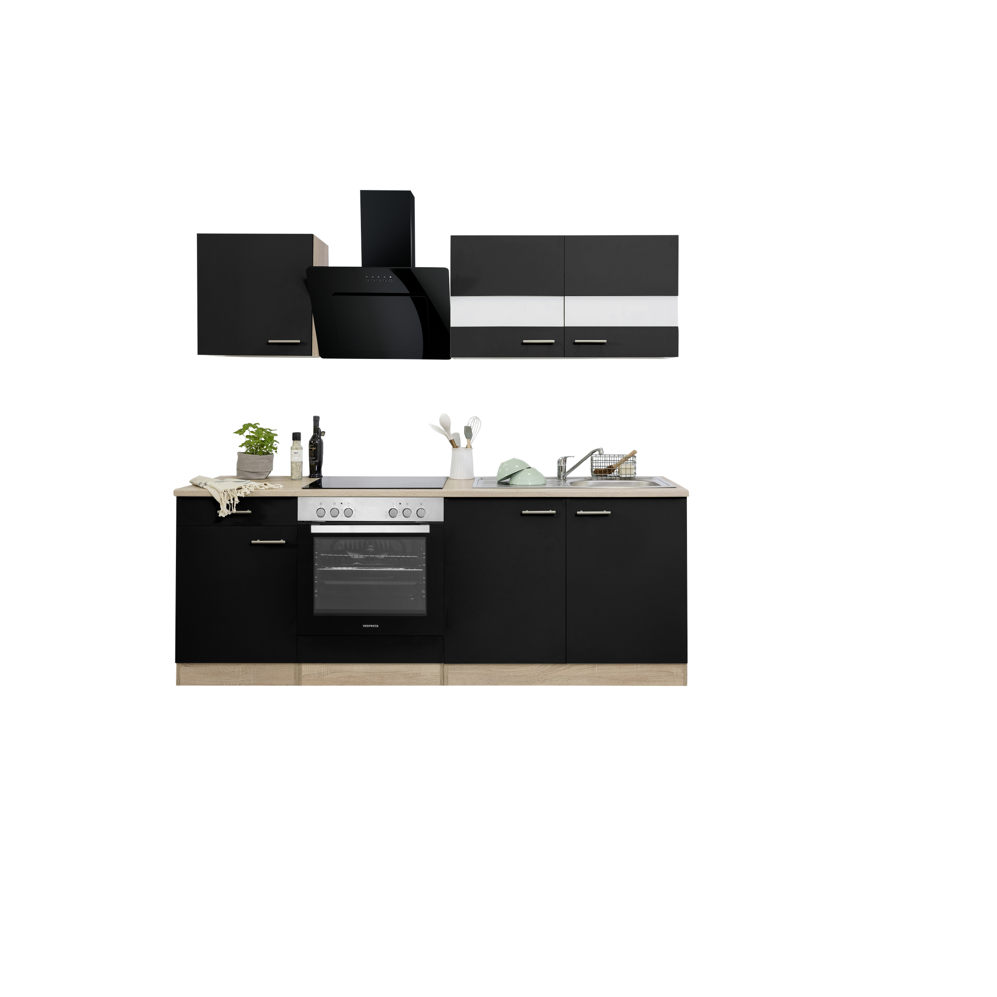 Küchenzeile 'Merle' mit E-Geräten KB210ESSSSC schwarz/eichefarben 210 cm