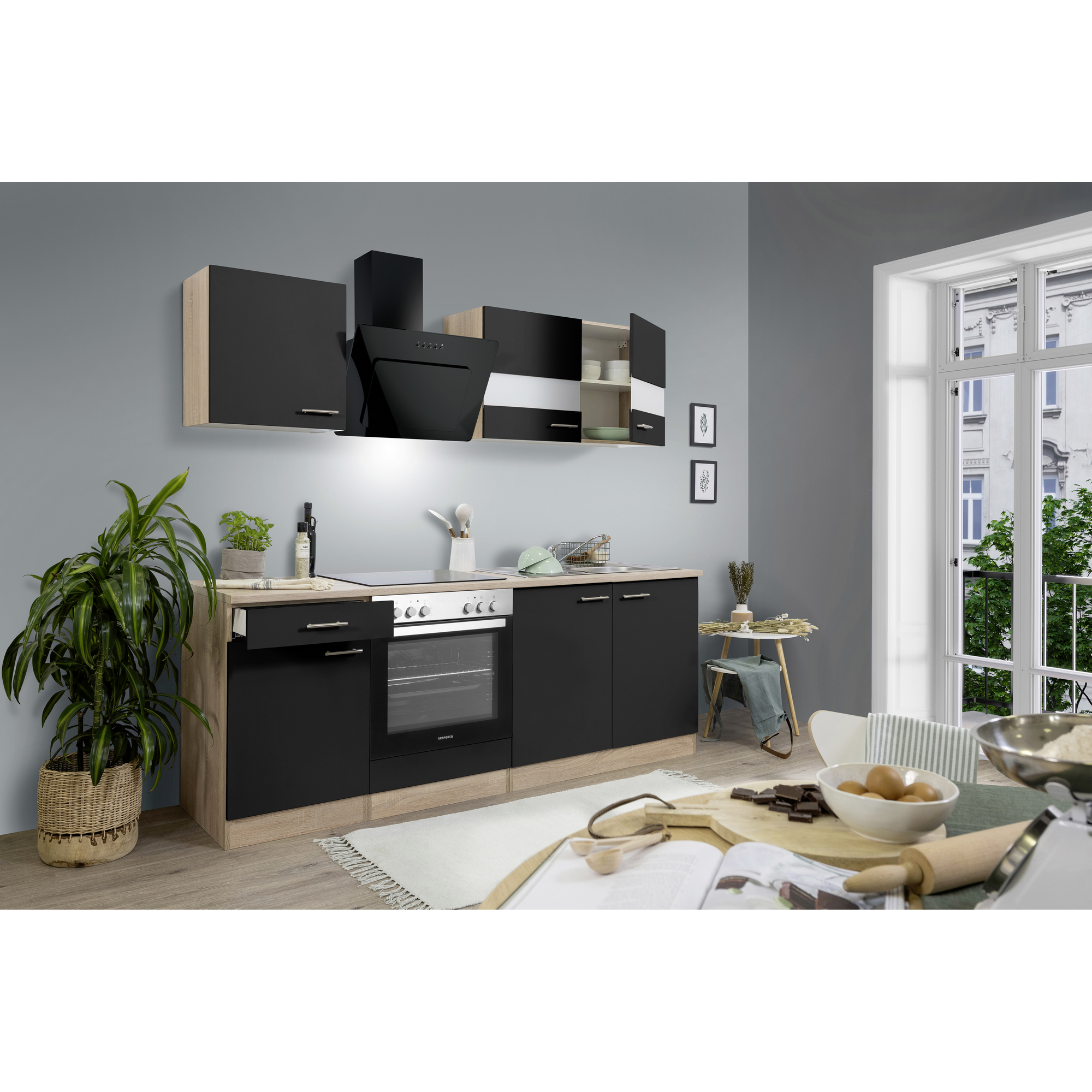 Küchenzeile 'Merle' mit E-Geräten KB210ESSSSC schwarz/eichefarben 210 cm