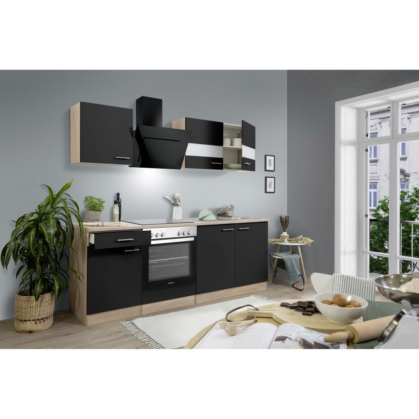 Küchenzeile 'Merle' mit E-Geräten KB210ESSSSC schwarz/eichefarben 210 cm