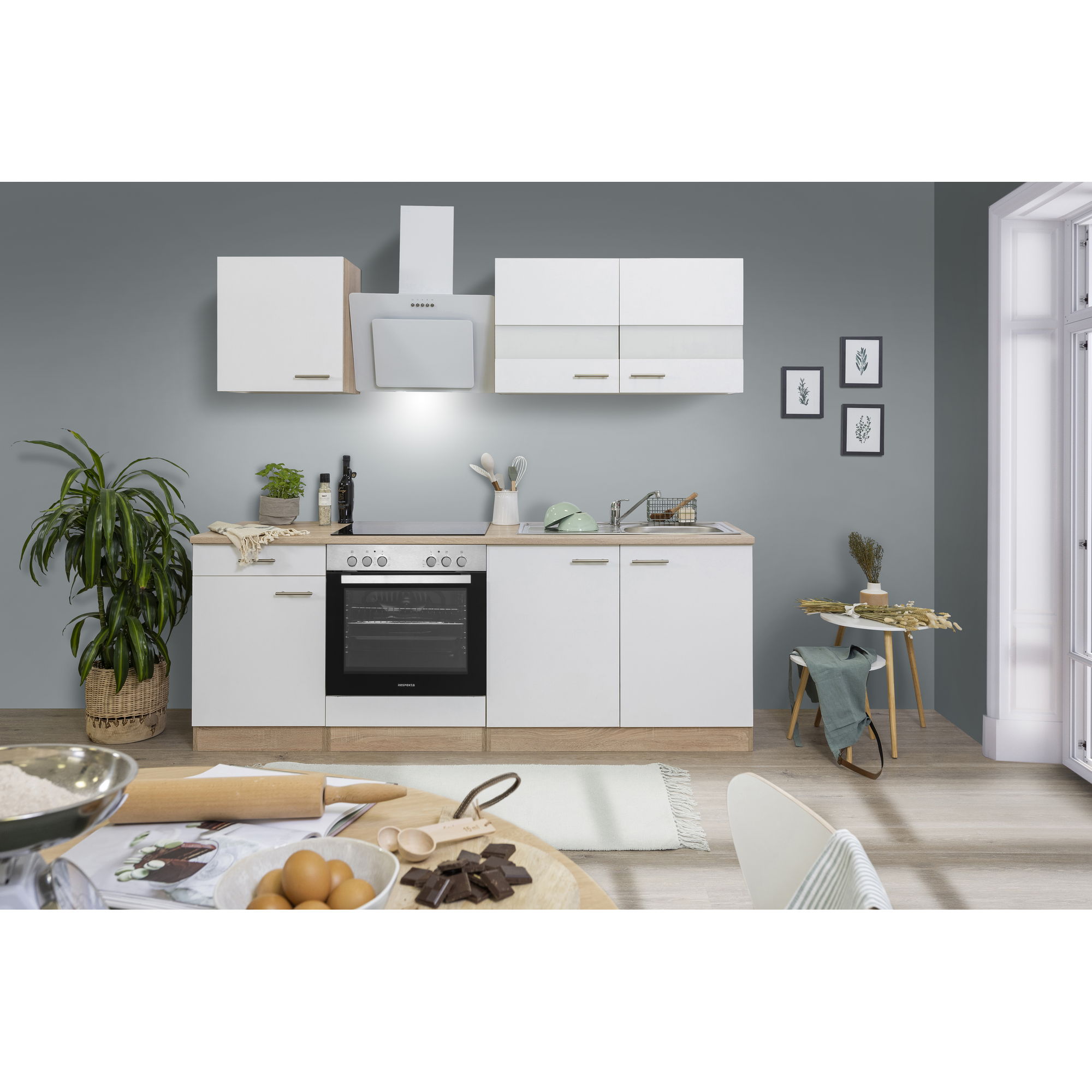 Küchenzeile 'Merle' mit E-Geräten KB220ESWC weiß/eichefarben 210 cm